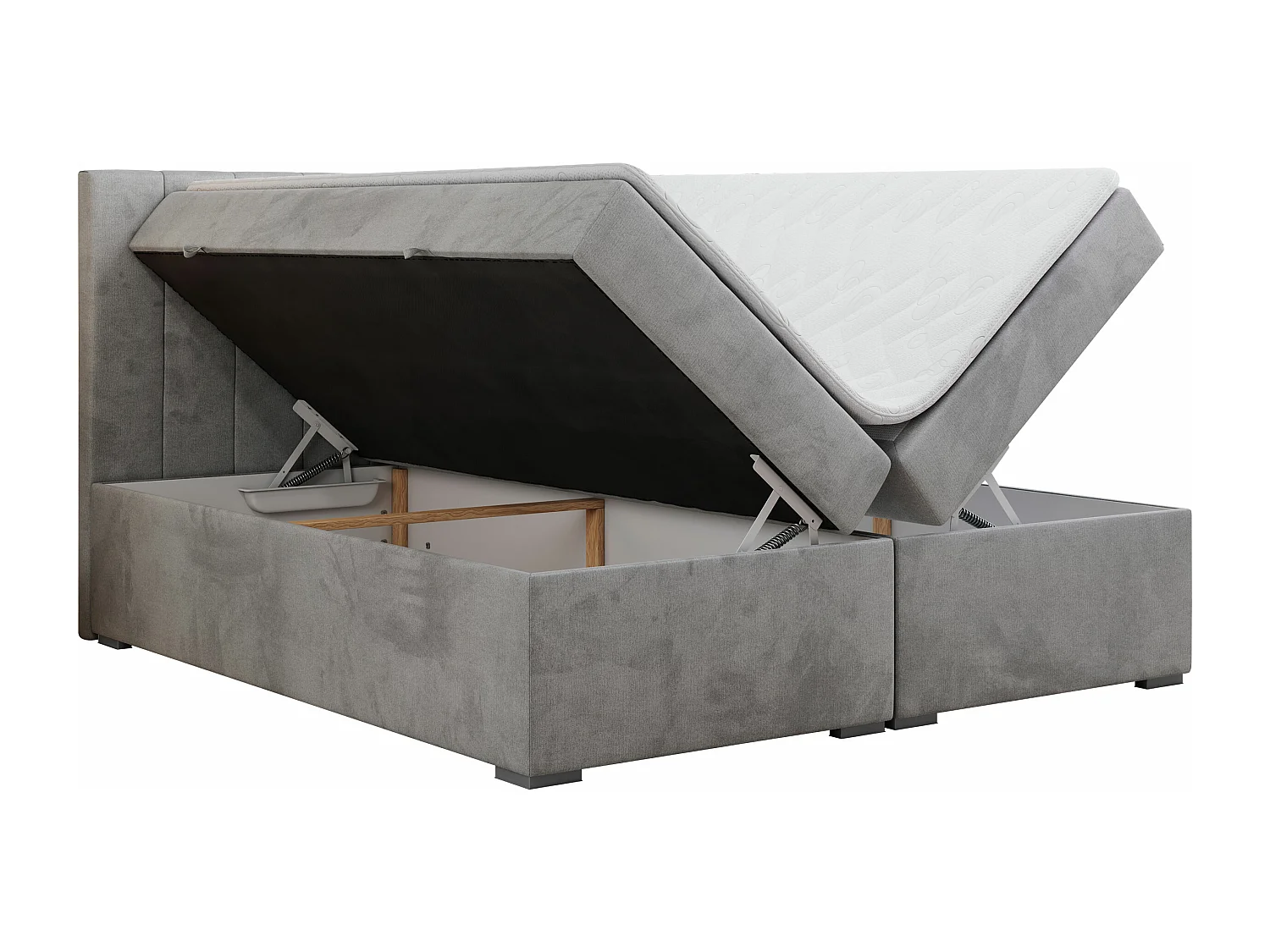 Boxspringbett LOPE - genähtes Kopfteil, Doppelbett mit Stauraum, Multipocket-Matratze, Topper - 200x200 cm - H3 - Hellgrau Velvet