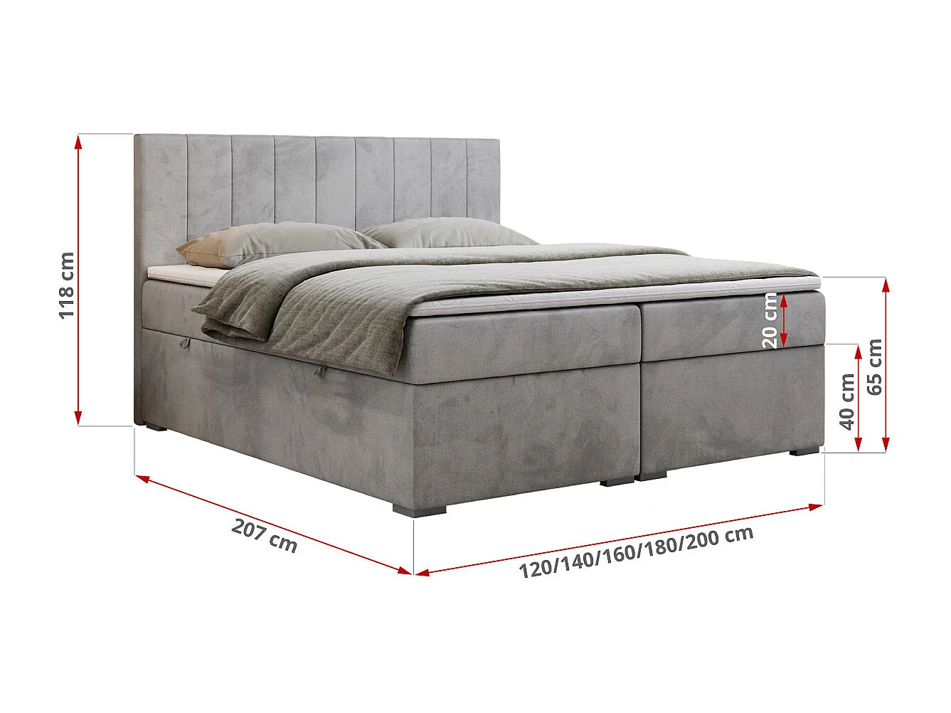 Boxspringbett LOPE - genähtes Kopfteil, Doppelbett mit Stauraum, Multipocket-Matratze, Topper - 200x200 cm - H3 - Hellgrau Velvet