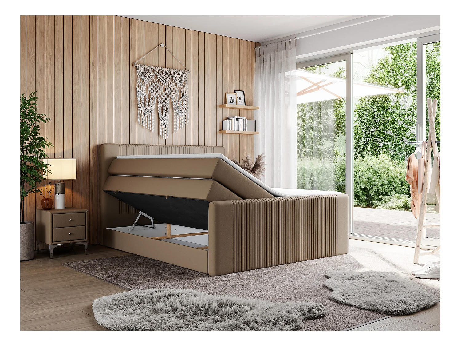 Boxspringbett DOREN KING - mit gesteppter Front und Kopfteil, zwei Multipocket-Matratzen und Topper, Doppelbett - 140x200 cm - H3 - Braun Kunstleder
