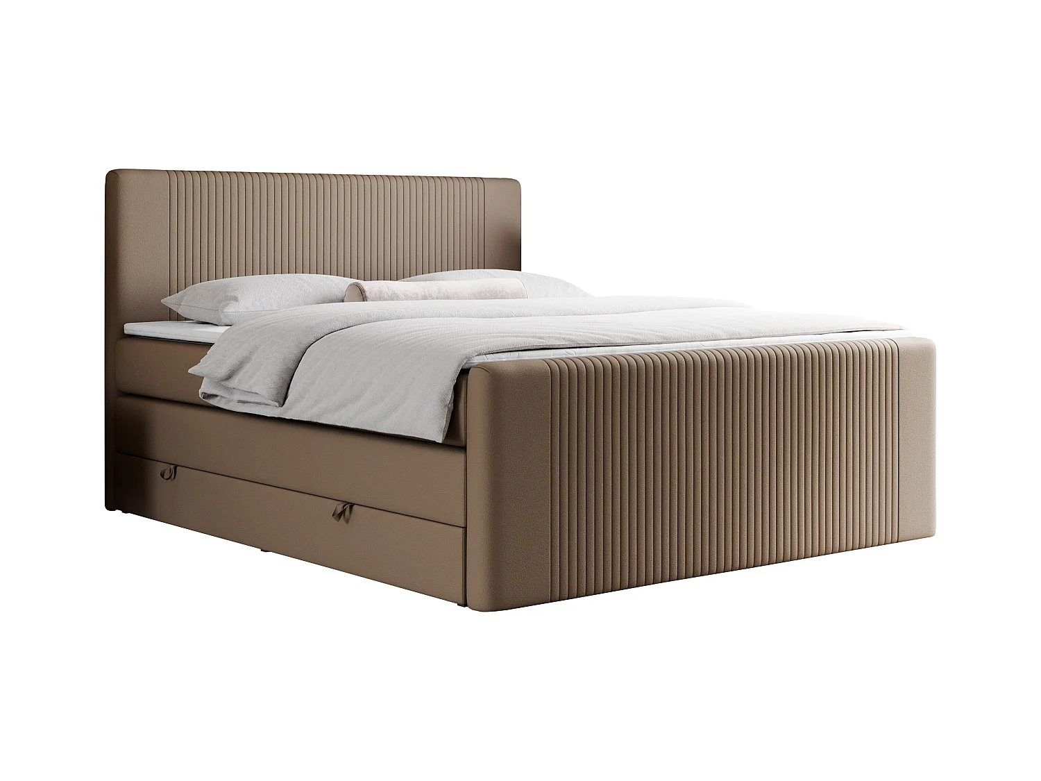 Boxspringbett DOREN KING - mit gesteppter Front und Kopfteil, zwei Multipocket-Matratzen und Topper, Doppelbett - 140x200 cm - H3 - Braun Kunstleder