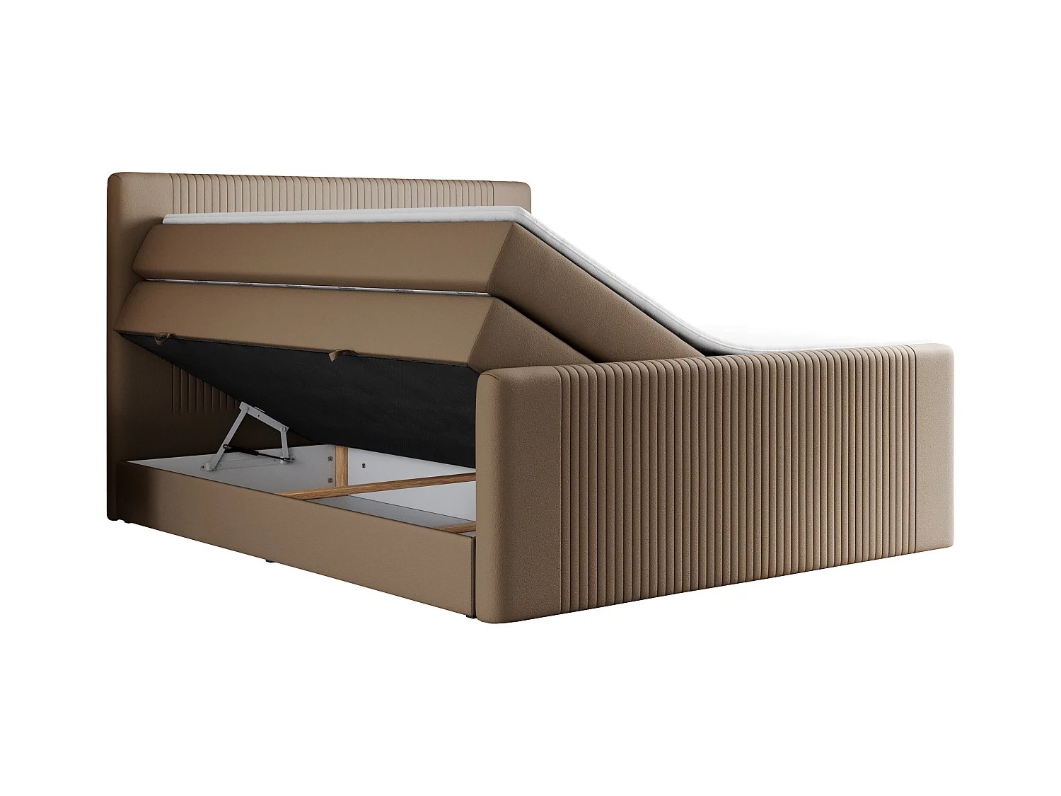 Boxspringbett DOREN KING - mit gesteppter Front und Kopfteil, zwei Multipocket-Matratzen und Topper, Doppelbett - 140x200 cm - H3 - Braun Kunstleder