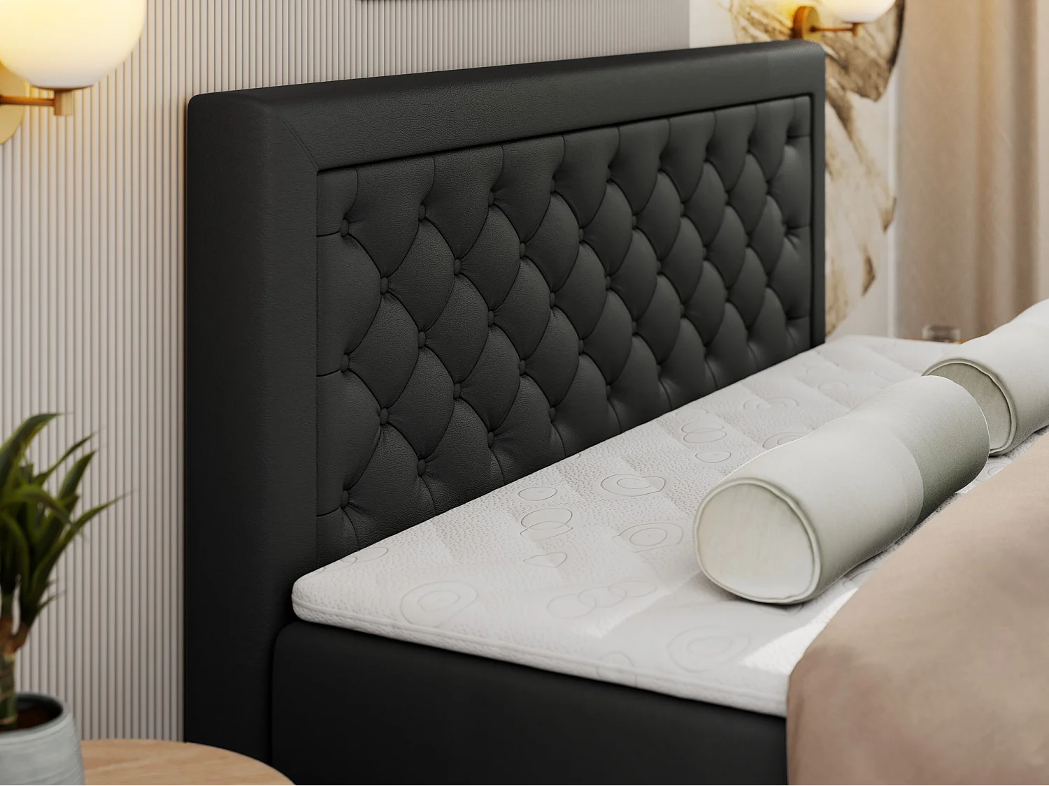 Boxspringbett JASIR - mit gestepptem Kopfteil, Doppelbett für Schlafzimmer, Multipocket-Matratze, Stauraum - 180x200 cm - H3 - Schwarz Kunstleder