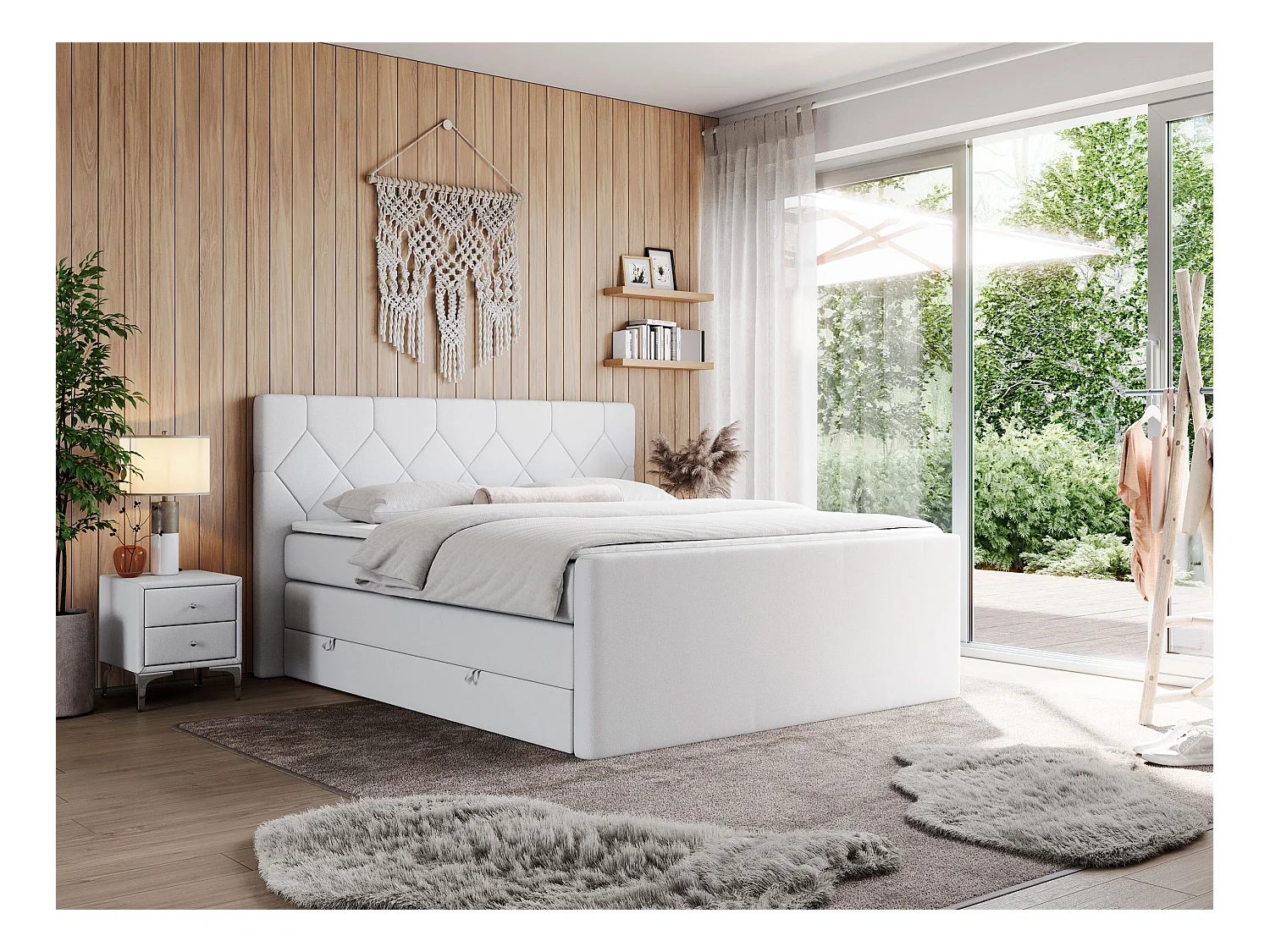 Boxspringbett EIGAR KING - Doppelbett mit genähtem Kopfteil, zwei Multipocket-Matratzen, Polsterbett für Schlafzimmer - 180x200 cm - H3 - Weiß Kunstleder