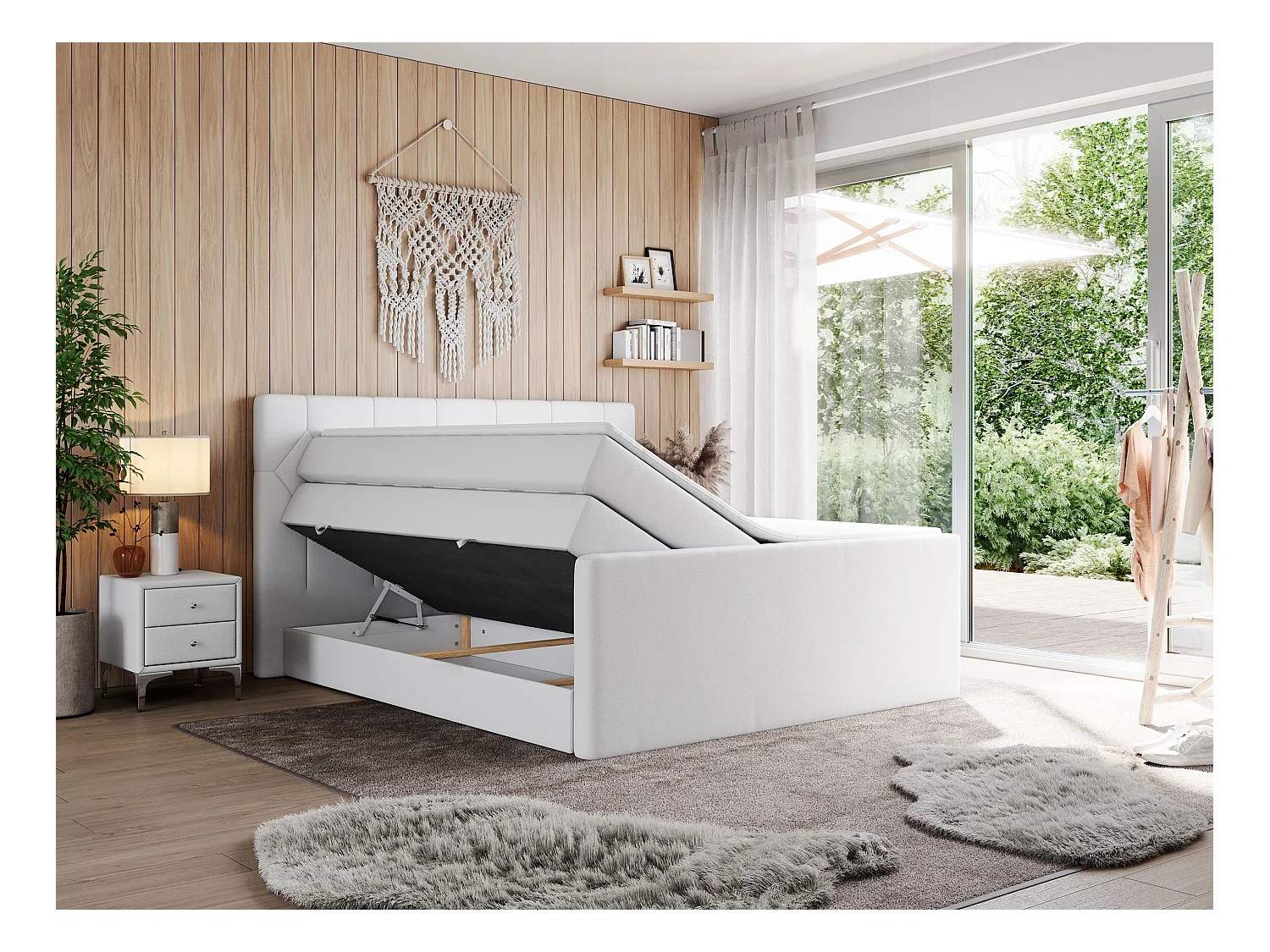 Boxspringbett EIGAR KING - Doppelbett mit genähtem Kopfteil, zwei Multipocket-Matratzen, Polsterbett für Schlafzimmer - 180x200 cm - H3 - Weiß Kunstleder