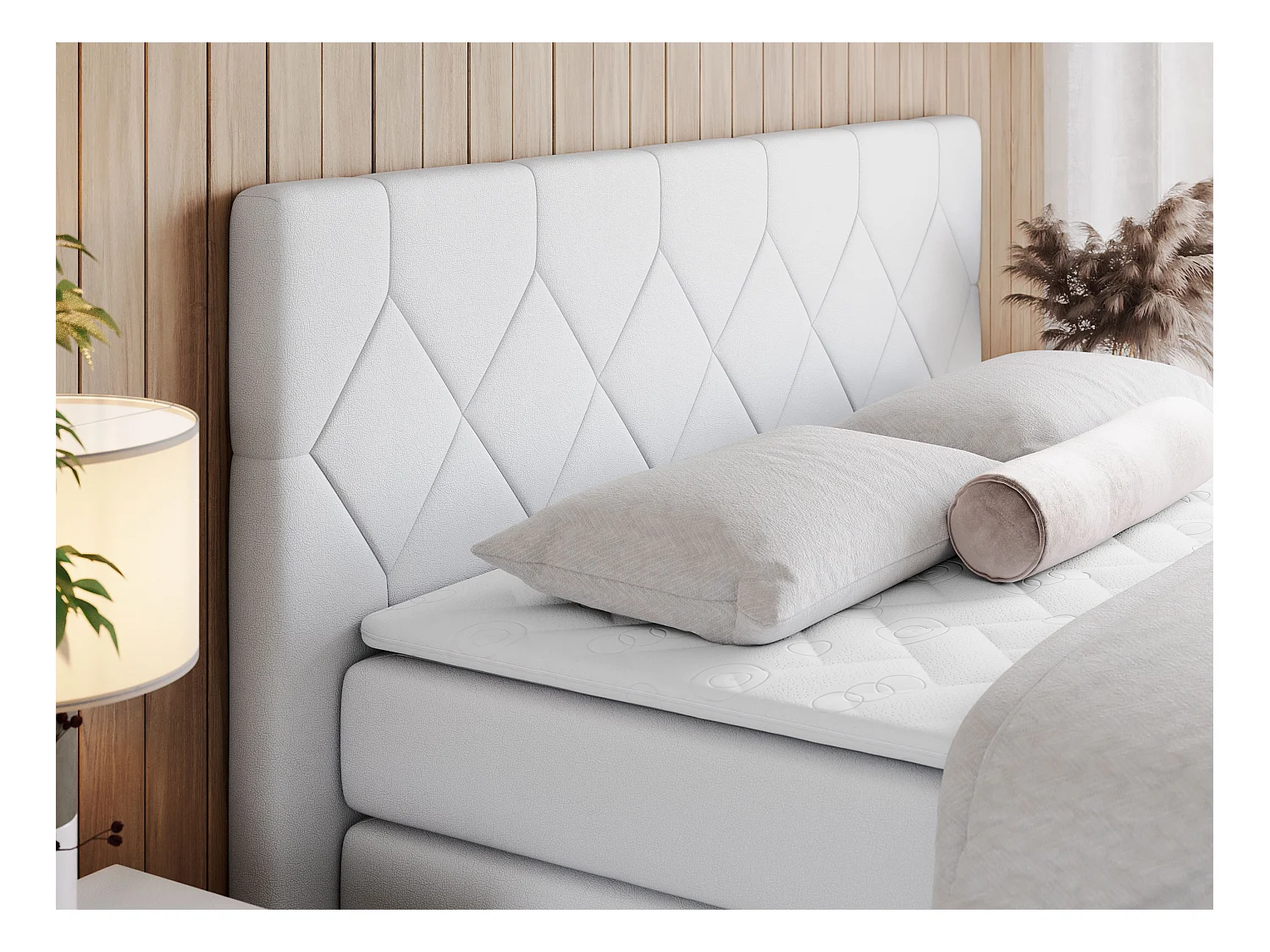 Boxspringbett EIGAR KING - Doppelbett mit genähtem Kopfteil, zwei Multipocket-Matratzen, Polsterbett für Schlafzimmer - 180x200 cm - H3 - Weiß Kunstleder