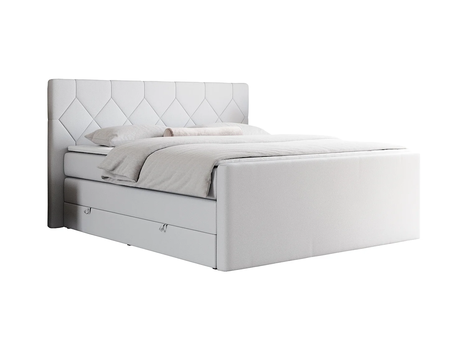 Boxspringbett EIGAR KING - Doppelbett mit genähtem Kopfteil, zwei Multipocket-Matratzen, Polsterbett für Schlafzimmer - 180x200 cm - H3 - Weiß Kunstleder