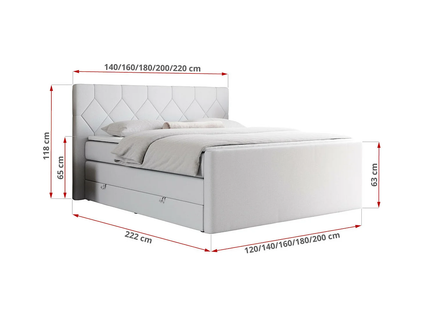 Boxspringbett EIGAR KING - Doppelbett mit genähtem Kopfteil, zwei Multipocket-Matratzen, Polsterbett für Schlafzimmer - 180x200 cm - H3 - Weiß Kunstleder