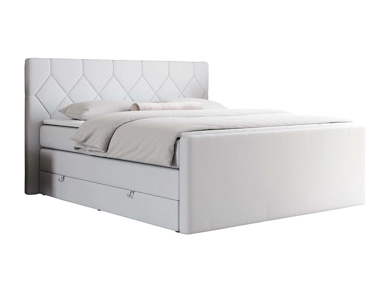 Boxspringbett EIGAR KING - Doppelbett mit genähtem Kopfteil, zwei Multipocket-Matratzen, Polsterbett für Schlafzimmer - 180x200 cm - H3 - Weiß Kunstleder