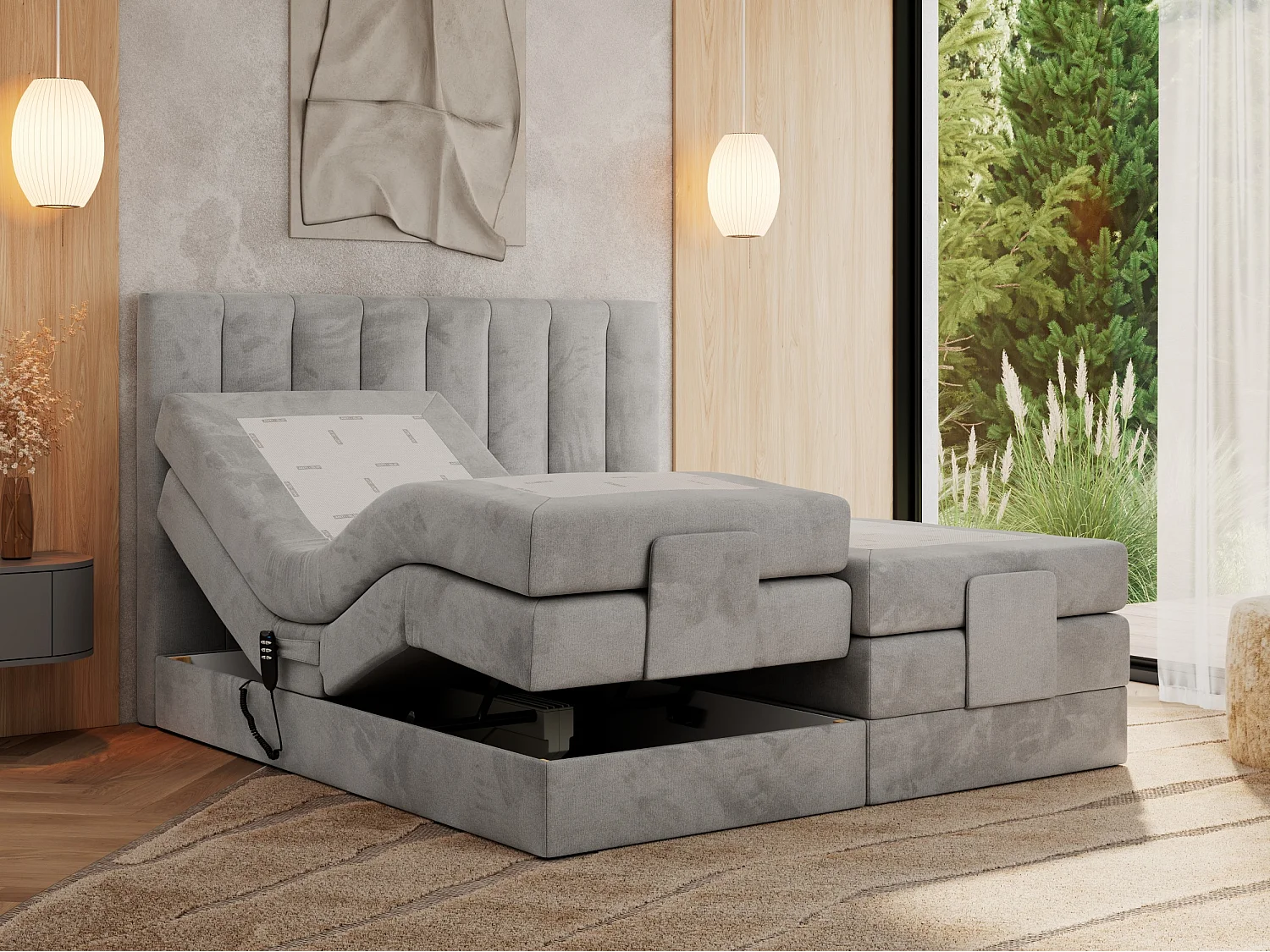 Boxspringbett COMFORTO - Doppelbett, Elektrisch verstellbare, Multipocket-Matratzen und Topper, genähtes Kopfteil - 160x200 cm - H4 - Hellgrau Velvet