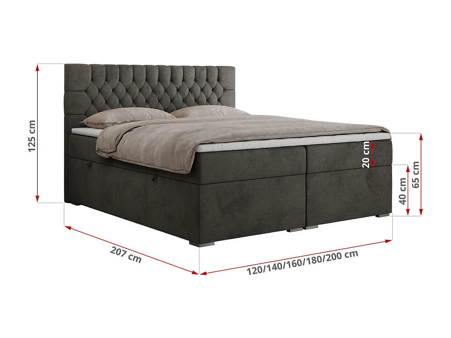 Boxspringbett PERA - gesteppte Kopfstütze, Multipocket-Matratze und Topper, Doppelbett mit Stauraum - 200x200 cm - H4 - Dunkelgrau Velvet