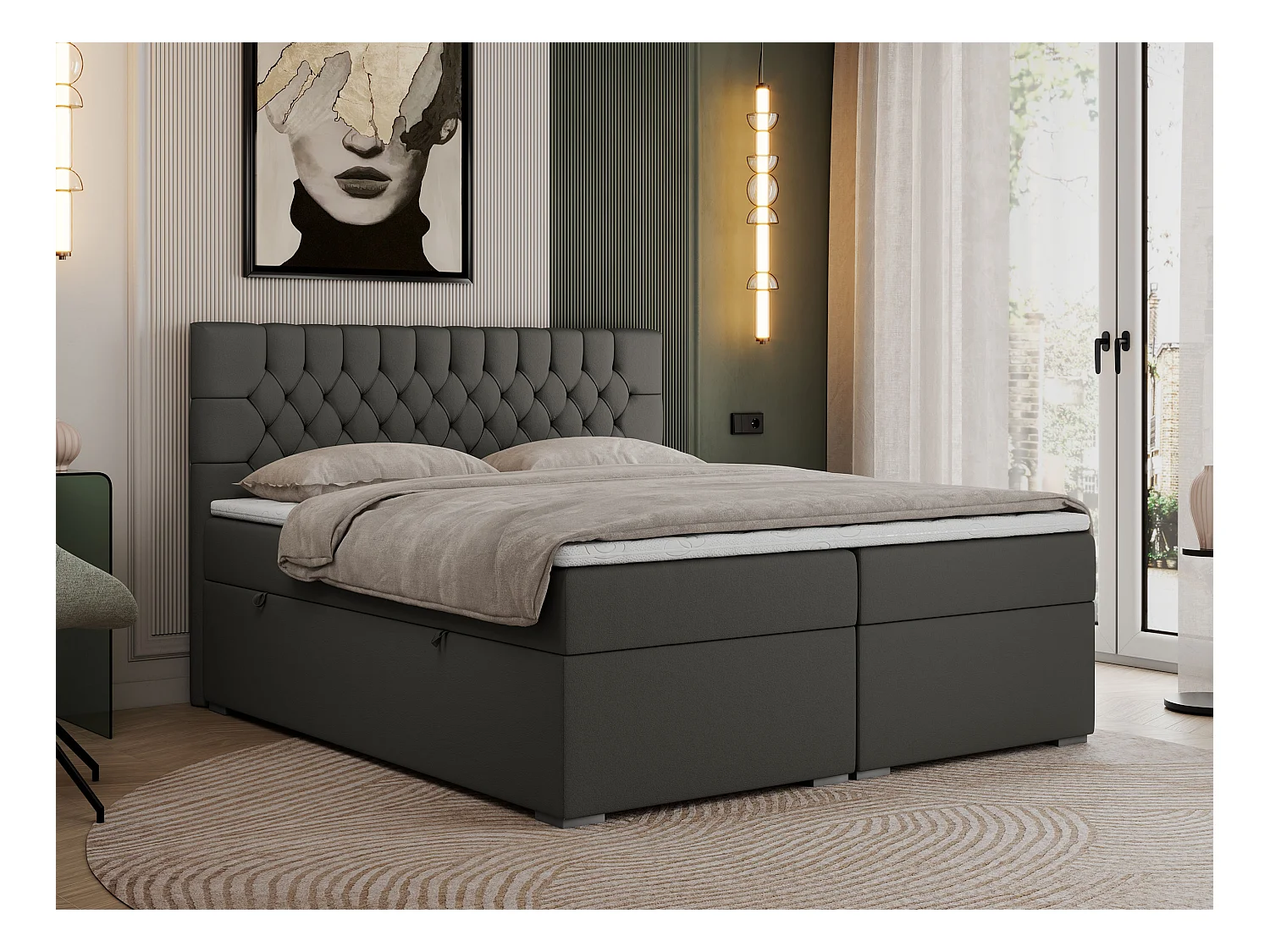 Boxspringbett PERA - gesteppte Kopfstütze, Multipocket-Matratze und Topper, Doppelbett mit Stauraum - 140x200 cm - H4 - Dunkelgrau Kunstleder