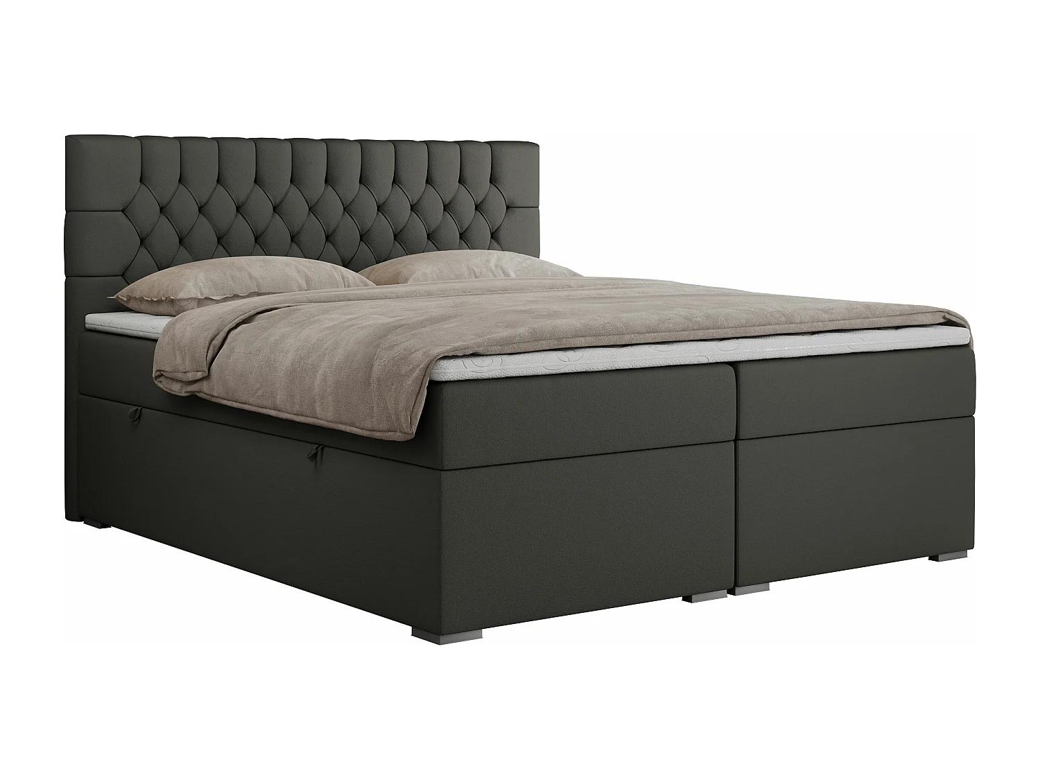 Boxspringbett PERA - gesteppte Kopfstütze, Multipocket-Matratze und Topper, Doppelbett mit Stauraum - 140x200 cm - H4 - Dunkelgrau Kunstleder