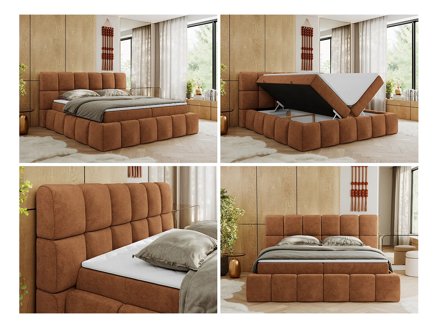 Boxspringbett NIRA - dekorativ kopfteil, Bettkästen und Multipocket-Matratze, Doppelbett für Schlafzimmer - 120x200 cm - H3 - Orange Strukture