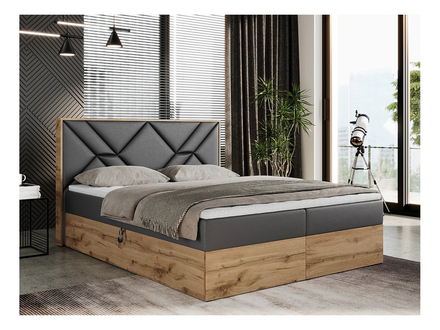 Boxspringbett GUNAR - gepolster kopfteil, Doppelbett mit Multipocket-Matratze, zwei Bettkästen - 180x200 cm - H4 - Dunkelgrau Kunstleder