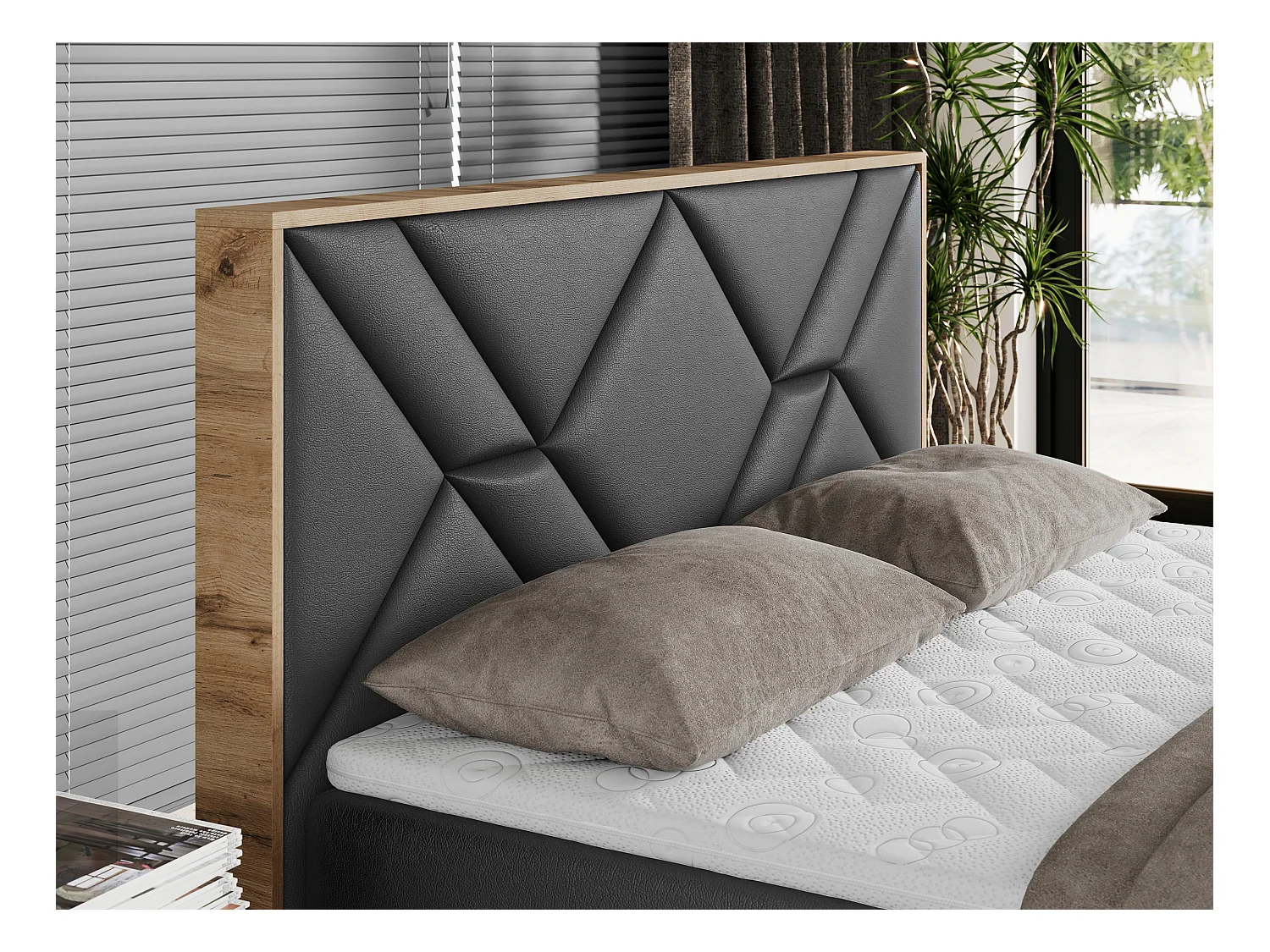 Boxspringbett GUNAR - gepolster kopfteil, Doppelbett mit Multipocket-Matratze, zwei Bettkästen - 180x200 cm - H4 - Dunkelgrau Kunstleder