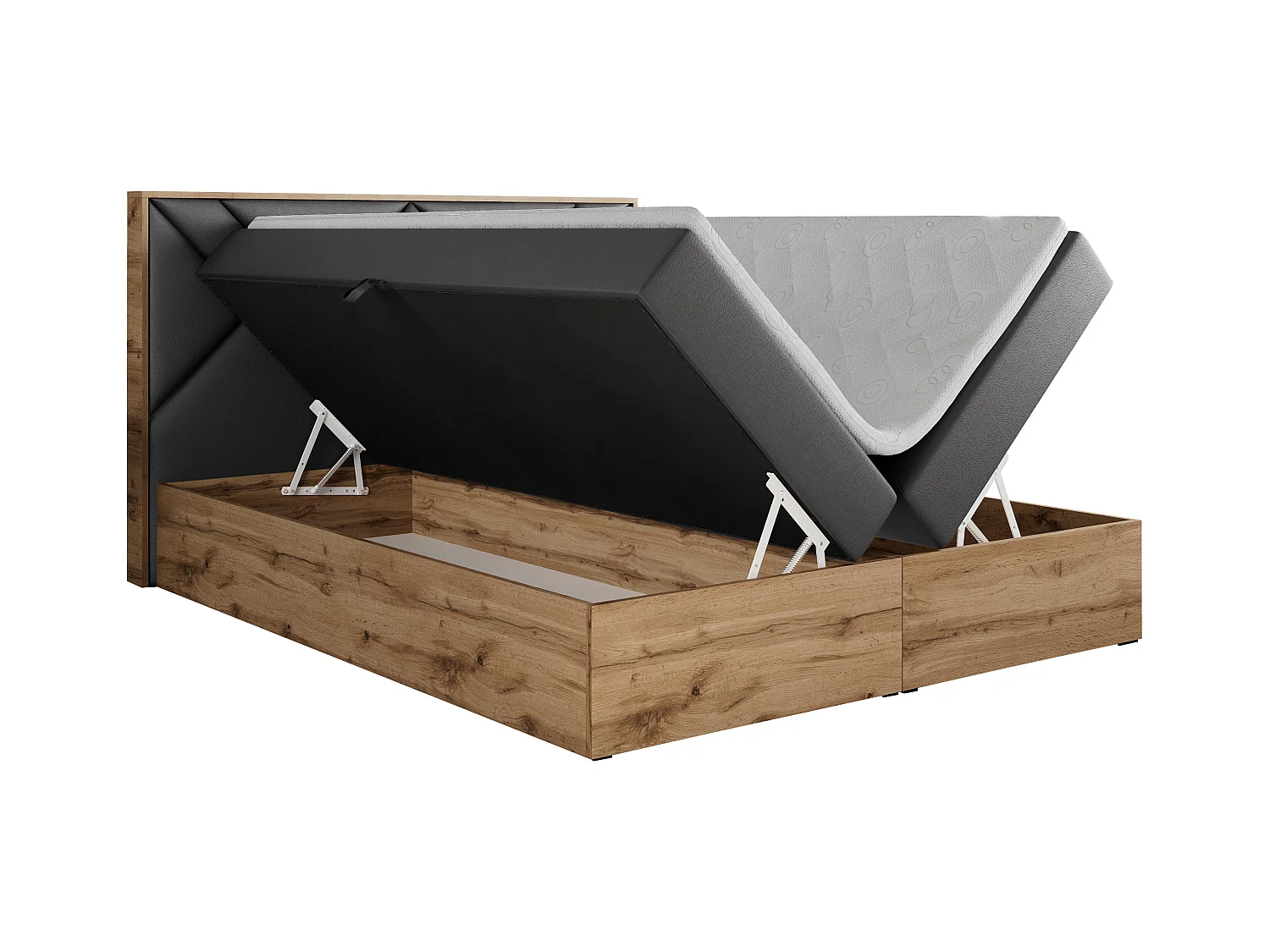Boxspringbett GUNAR - gepolster kopfteil, Doppelbett mit Multipocket-Matratze, zwei Bettkästen - 180x200 cm - H4 - Dunkelgrau Kunstleder