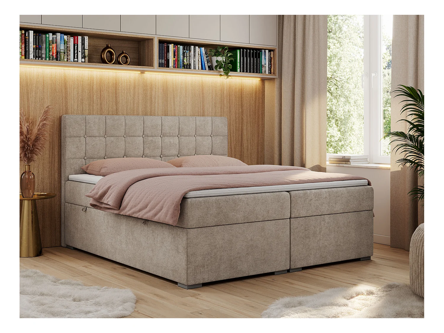 Boxspringbett CARMEN - Polsterbett mit zwei Bettkästen, gesteppte Kopfstütze, Multipocket-Matratze - 200x200 cm - H4 - Beige Stukture