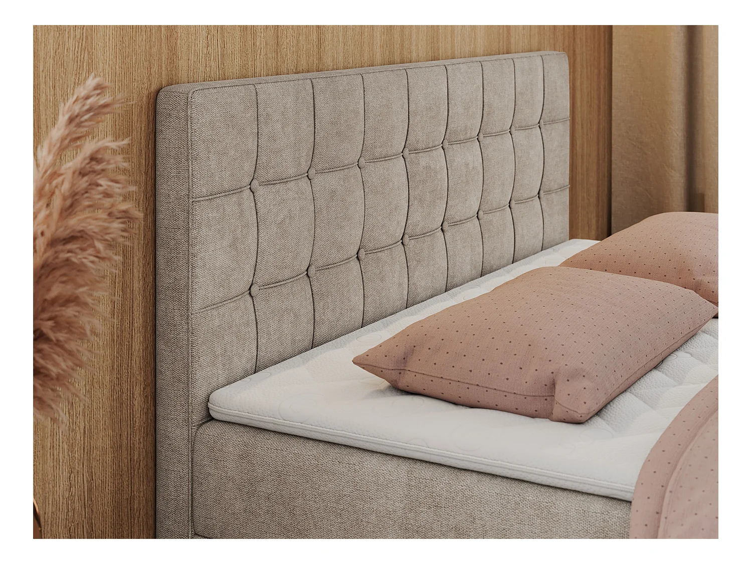 Boxspringbett CARMEN - Polsterbett mit zwei Bettkästen, gesteppte Kopfstütze, Multipocket-Matratze - 200x200 cm - H4 - Beige Stukture