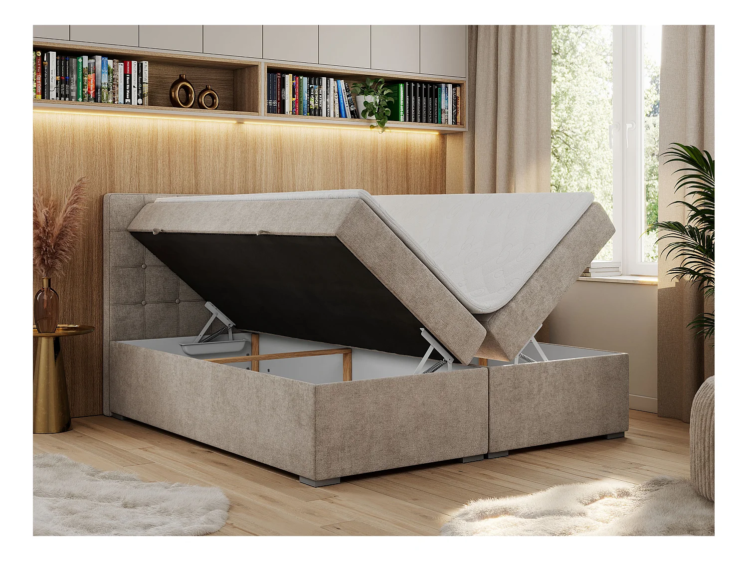 Boxspringbett CARMEN - Polsterbett mit zwei Bettkästen, gesteppte Kopfstütze, Multipocket-Matratze - 200x200 cm - H4 - Beige Stukture