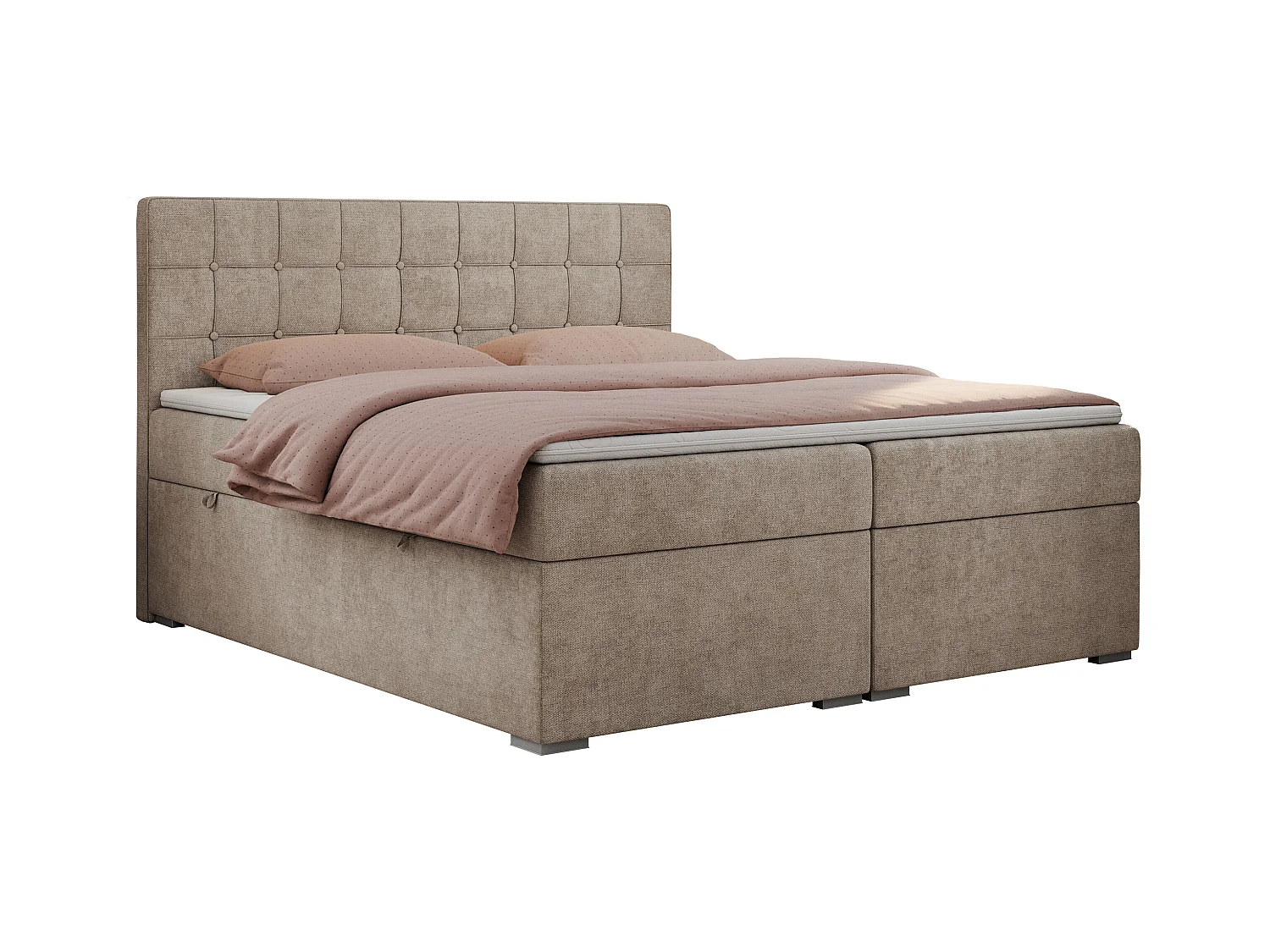 Boxspringbett CARMEN - Polsterbett mit zwei Bettkästen, gesteppte Kopfstütze, Multipocket-Matratze - 200x200 cm - H4 - Beige Stukture