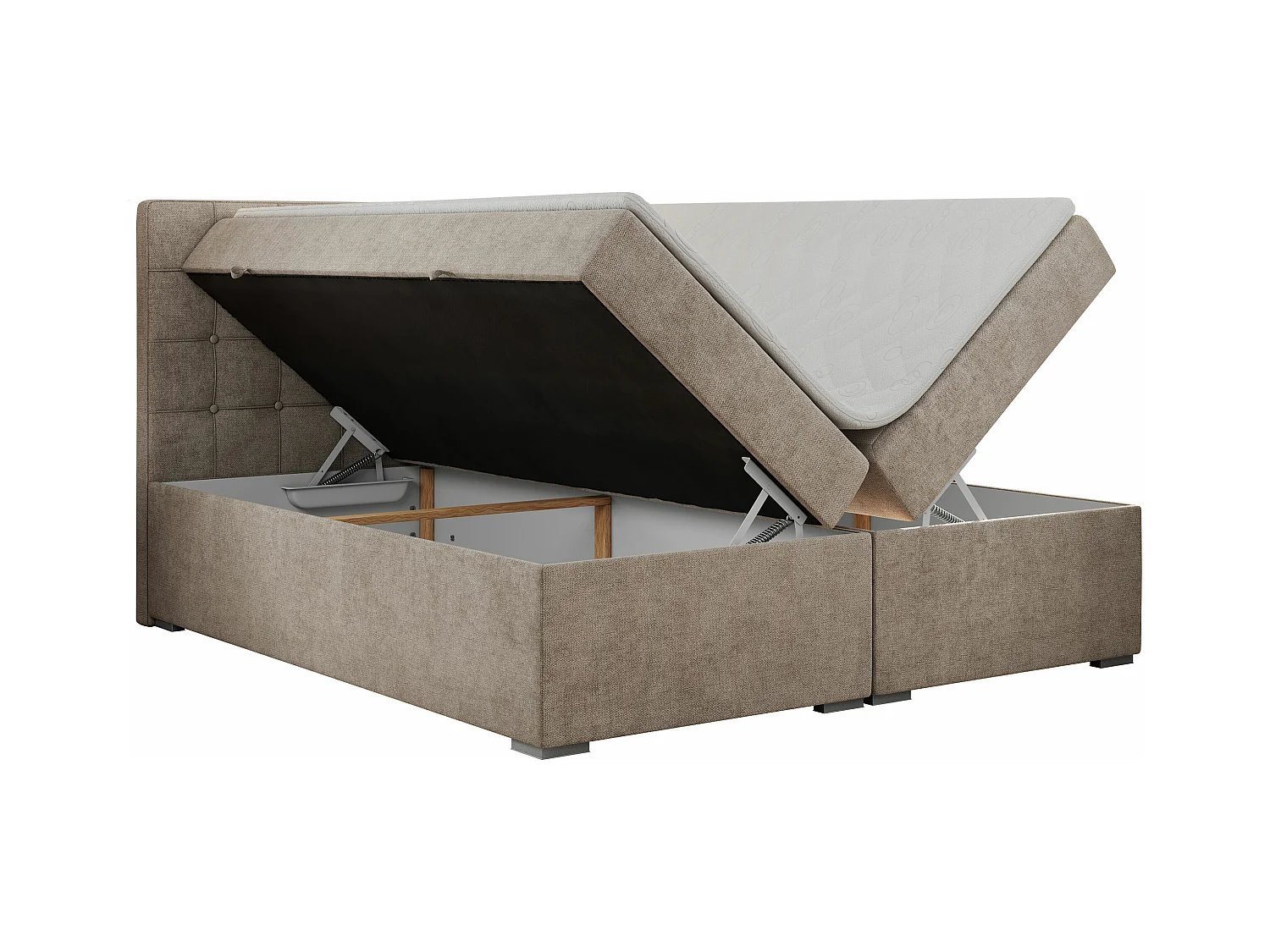 Boxspringbett CARMEN - Polsterbett mit zwei Bettkästen, gesteppte Kopfstütze, Multipocket-Matratze - 200x200 cm - H4 - Beige Stukture