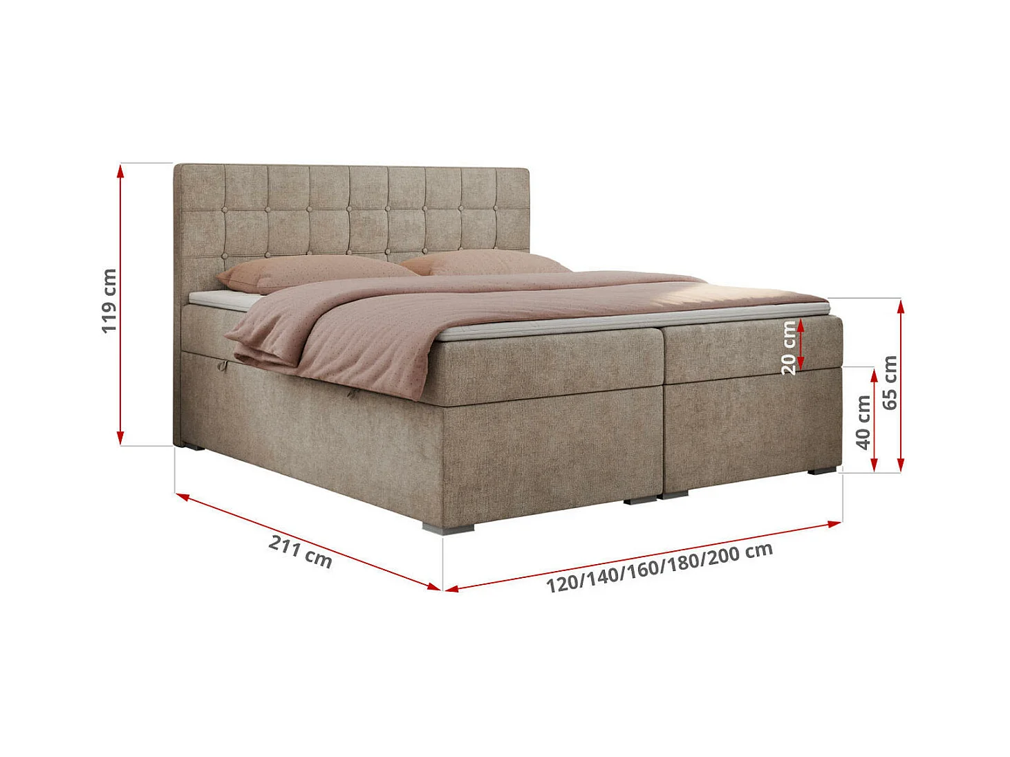 Boxspringbett CARMEN - Polsterbett mit zwei Bettkästen, gesteppte Kopfstütze, Multipocket-Matratze - 200x200 cm - H4 - Beige Stukture