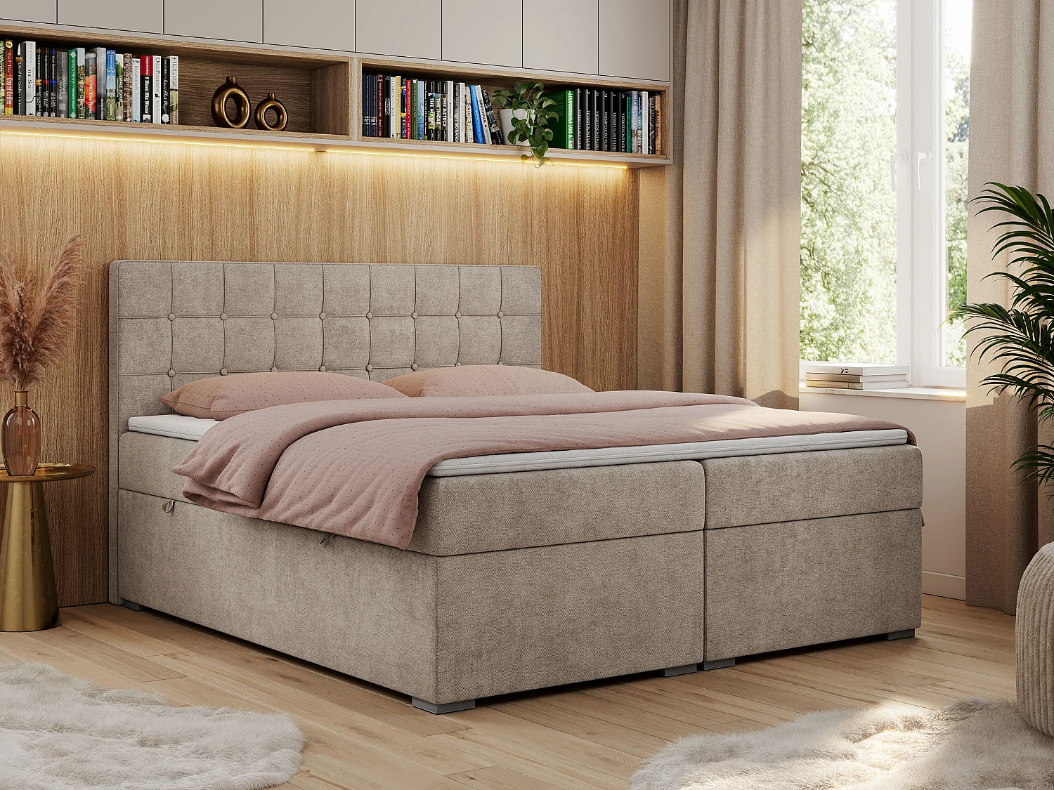 Boxspringbett CARMEN - Polsterbett mit zwei Bettkästen, gesteppte Kopfstütze, Multipocket-Matratze - 200x200 cm - H4 - Beige Stukture