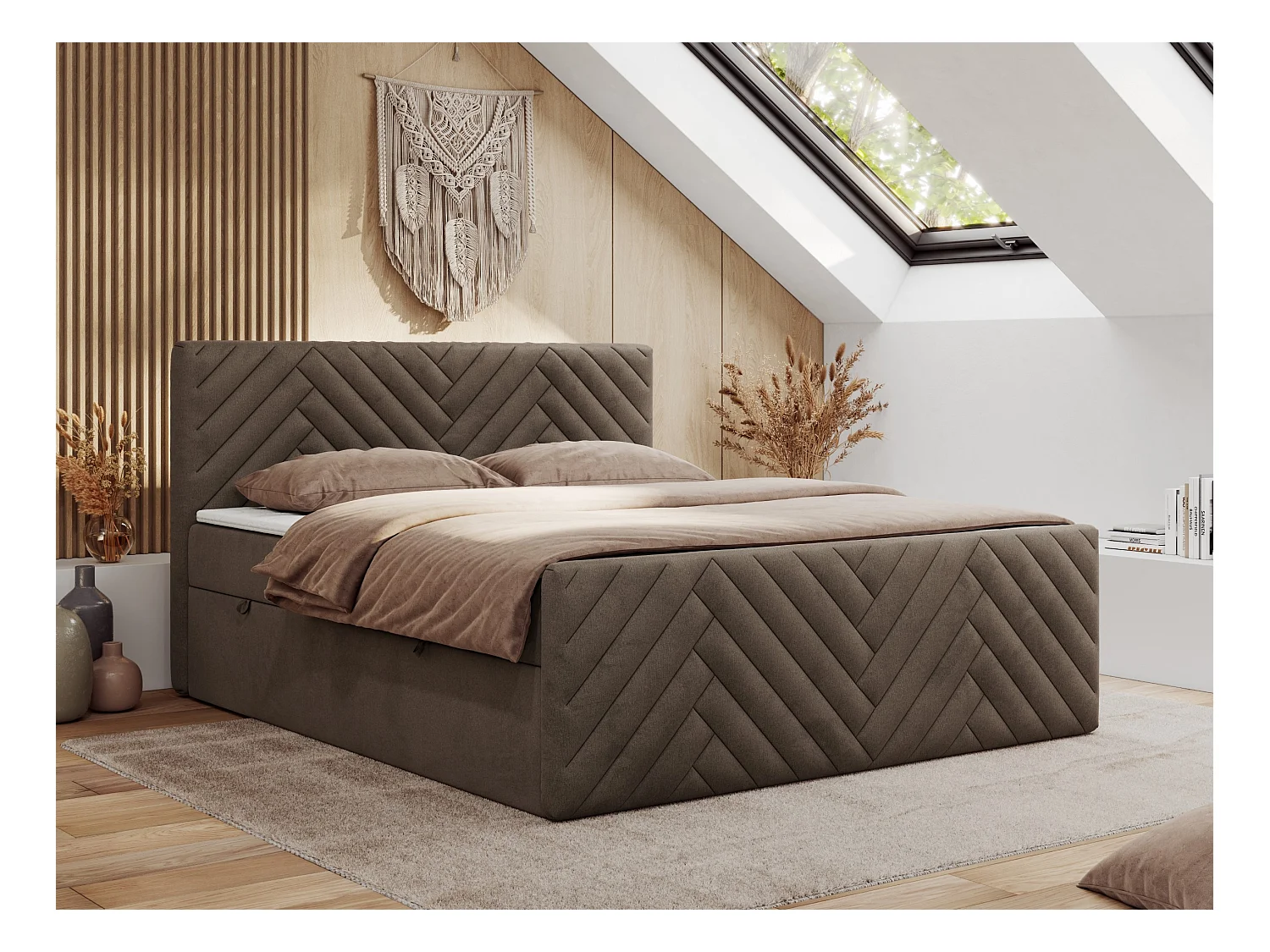 Boxspringbett PARIS DUO - Polsterbett mit genähtem Kopfteil und Frontplatte, Doppelbett, zwei Bettkästen - 200x200 cm - H3 - Braun Velvet