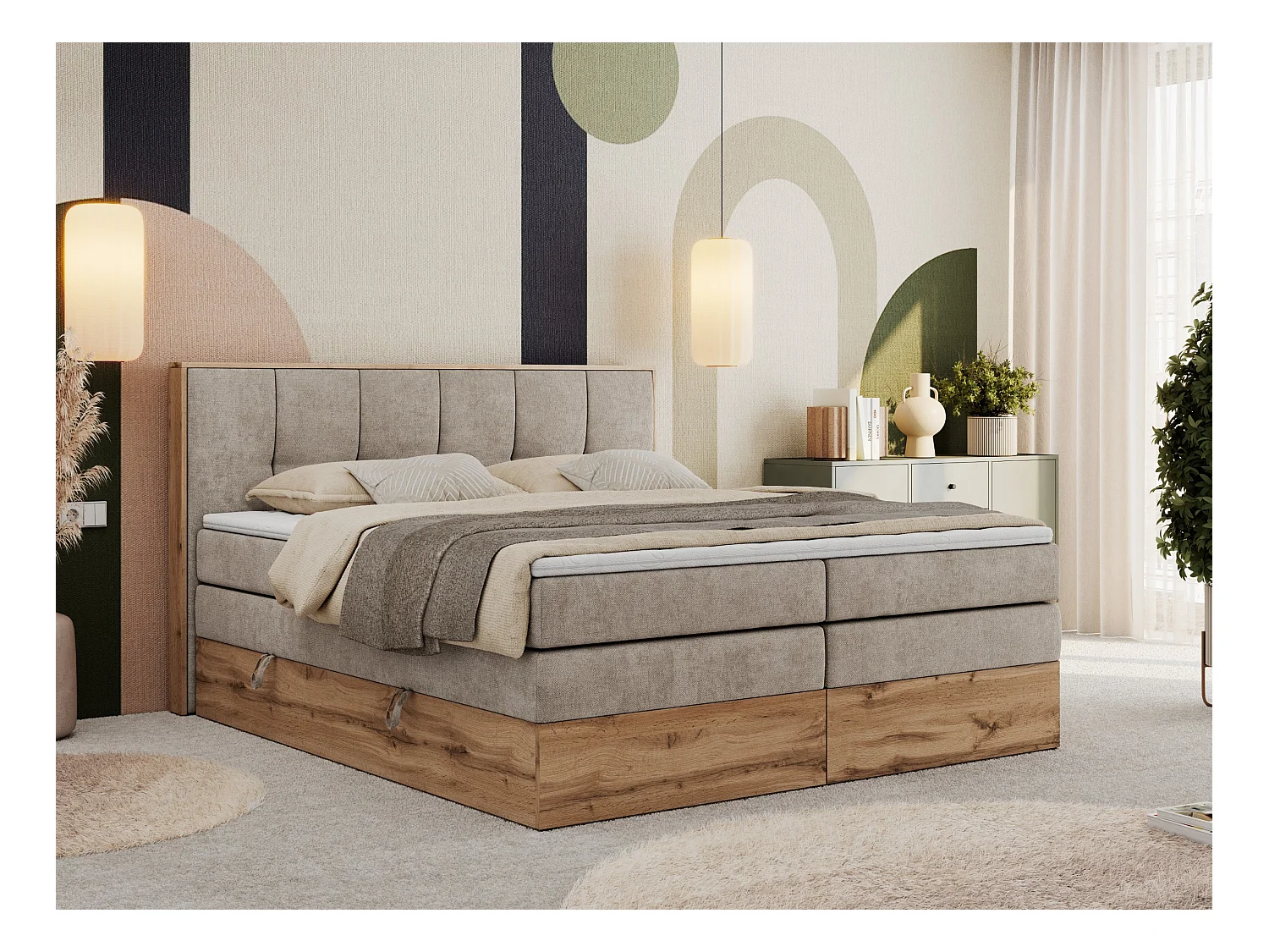 Boxspringbett ALBERO 1 KING - zwei 7 Härtezonen Multipocket-Matratzen, Doppelbett mit Stauraum, Eiche Wotan Holzrahmen - 200x200 cm - H4 - Beige Strukture