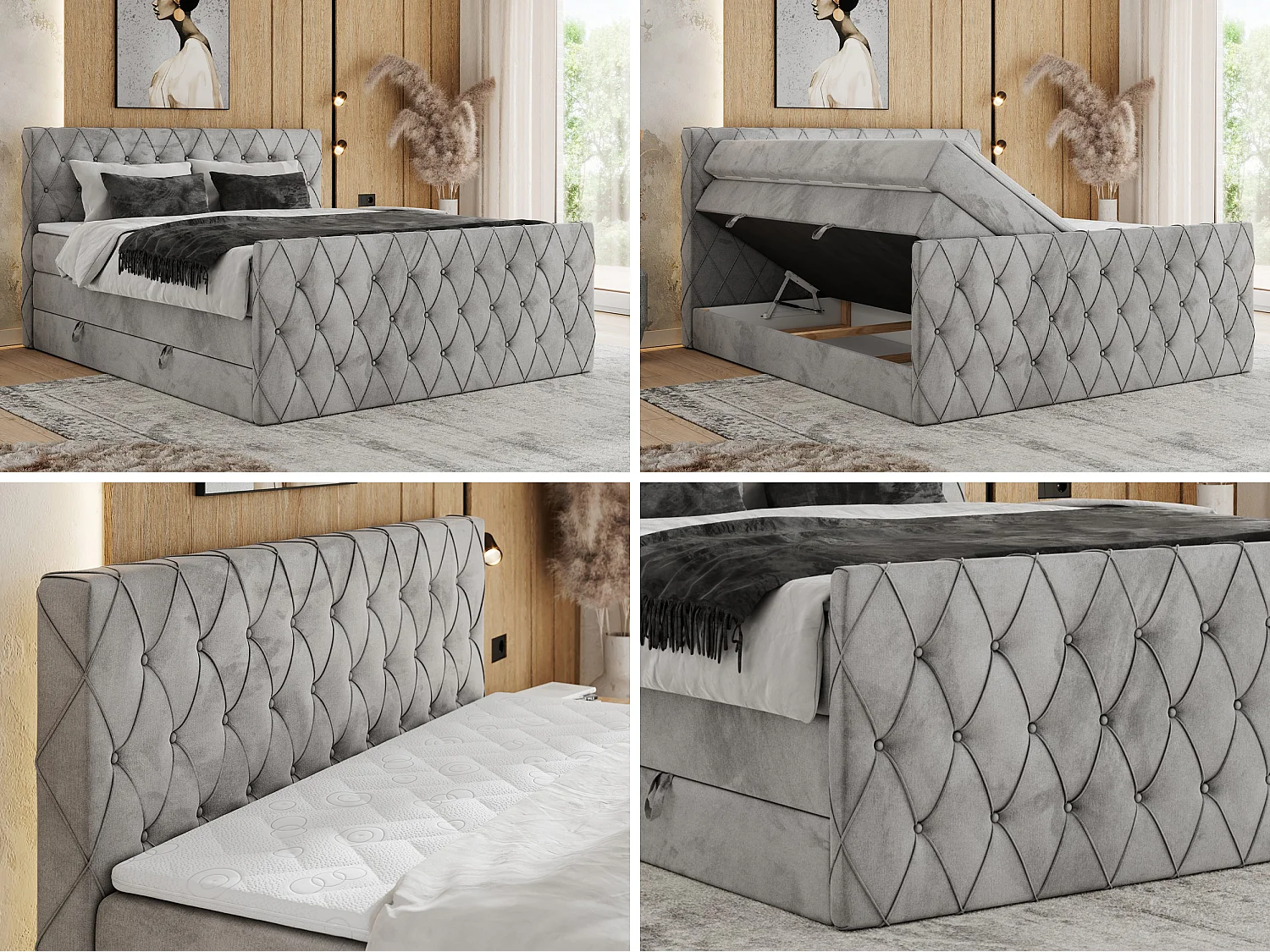 Boxspringbett MIREN KING DUO - für Schlafzimmer mit zwei Multipocket-Matratzen und Topper, gestepptes Kopfteil und Front  - 120x200 cm - H3 - Hellgrau Velvet