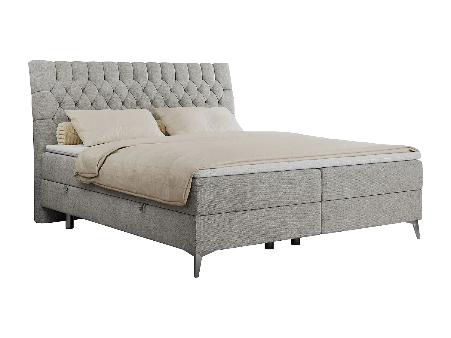 Boxspringbett MILEN - gepolstertes Schlafzimmerbett, zwei Multipocket-Matratze, dekorative hohe Beine - 180x200 cm - H4 - Hellgrau Strukture