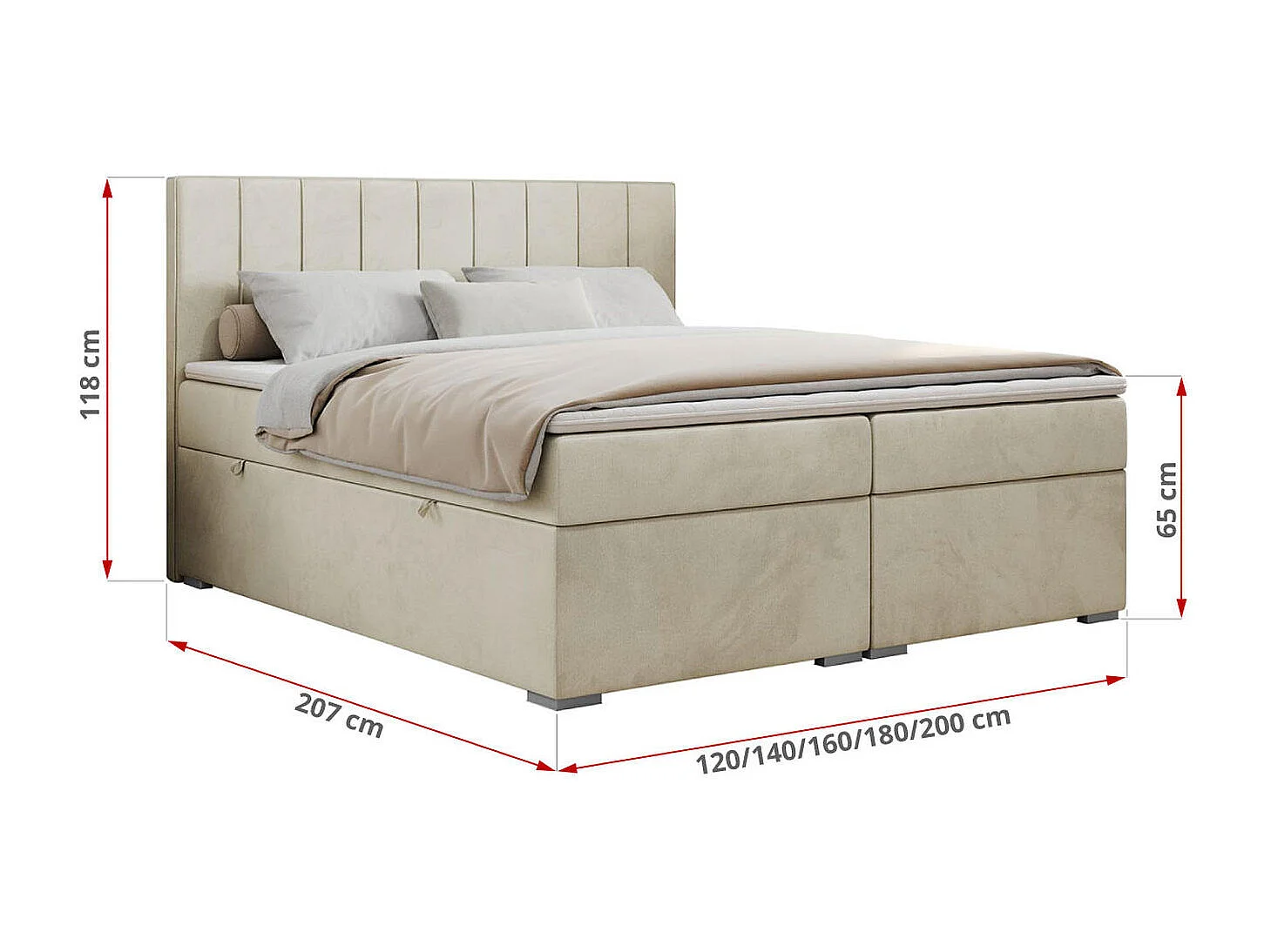 Boxspringbett ALLY - gestreiftes, genähtes Kopfteil, zwei Bettkästen, Multipocket-Matratzen, Praktisch Polsterbett - 120x200 cm - H3 - Beige Velvet
