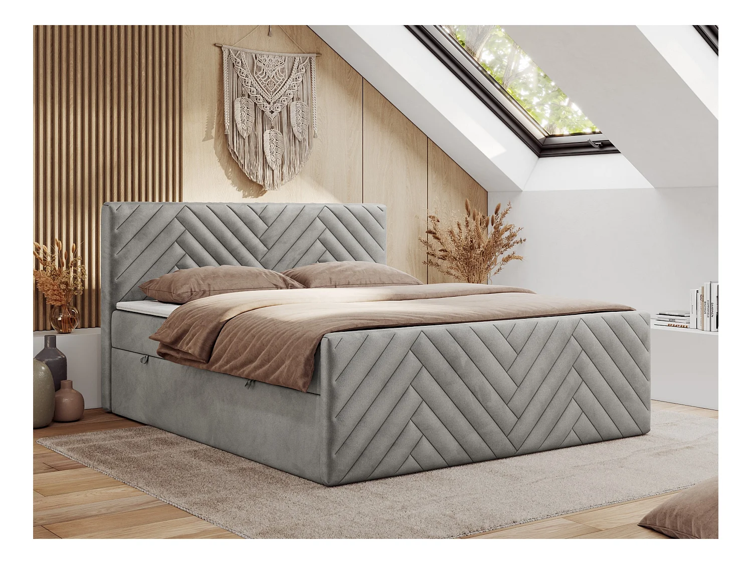 Boxspringbett PARIS DUO - Polsterbett mit genähtem Kopfteil und Frontplatte, Doppelbett, zwei Bettkästen - 200x200 cm - H4 - Hellgrau Velvet