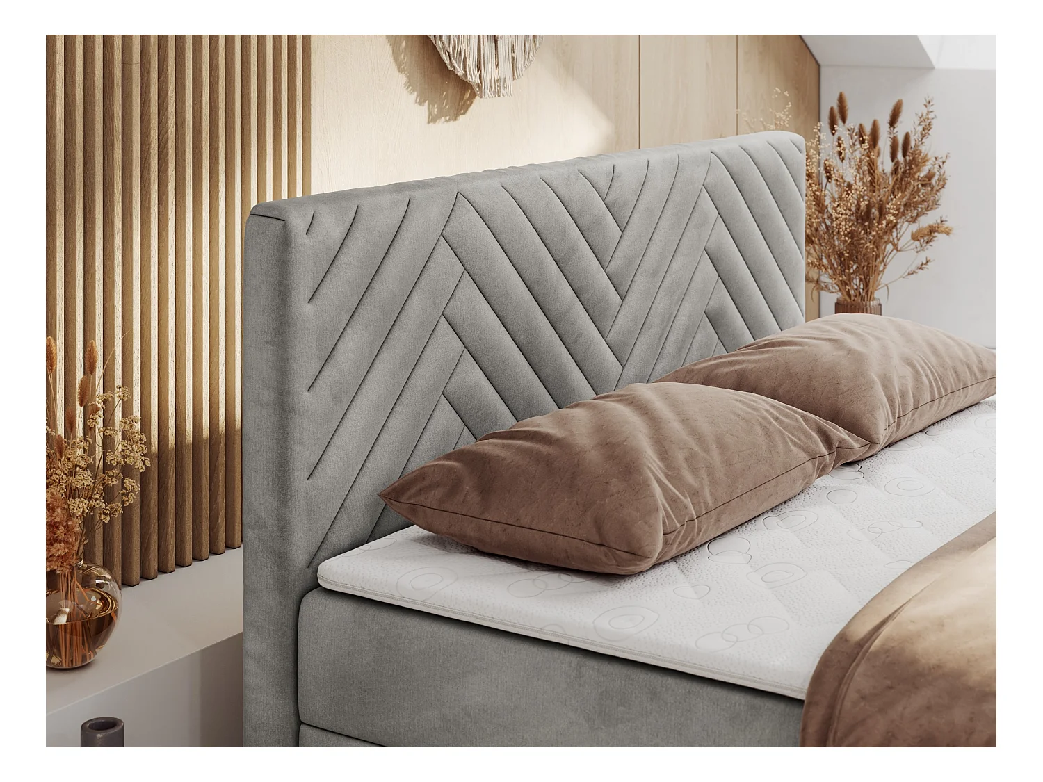 Boxspringbett PARIS DUO - Polsterbett mit genähtem Kopfteil und Frontplatte, Doppelbett, zwei Bettkästen - 200x200 cm - H4 - Hellgrau Velvet