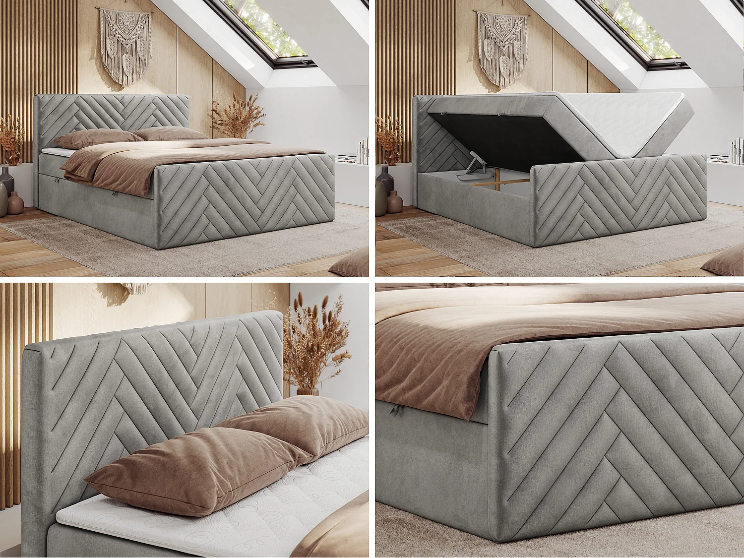 Boxspringbett PARIS DUO - Polsterbett mit genähtem Kopfteil und Frontplatte, Doppelbett, zwei Bettkästen - 200x200 cm - H4 - Hellgrau Velvet