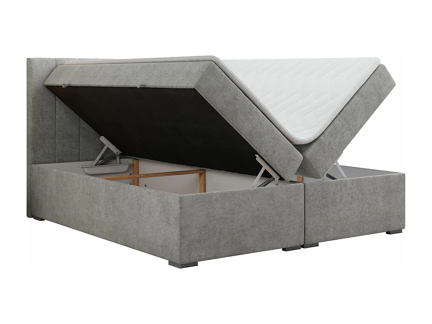 Boxspringbett LOPE - genähtes Kopfteil, Doppelbett mit Stauraum, Multipocket-Matratze, Topper - 200x200 cm - H4 - Hellgrau Strukture