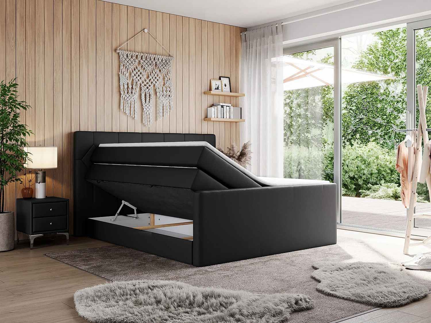 Boxspringbett EIGAR KING - Doppelbett mit genähtem Kopfteil, zwei Multipocket-Matratzen, Polsterbett für Schlafzimmer - 180x200 cm - H3 - Schwarz Kunstleder