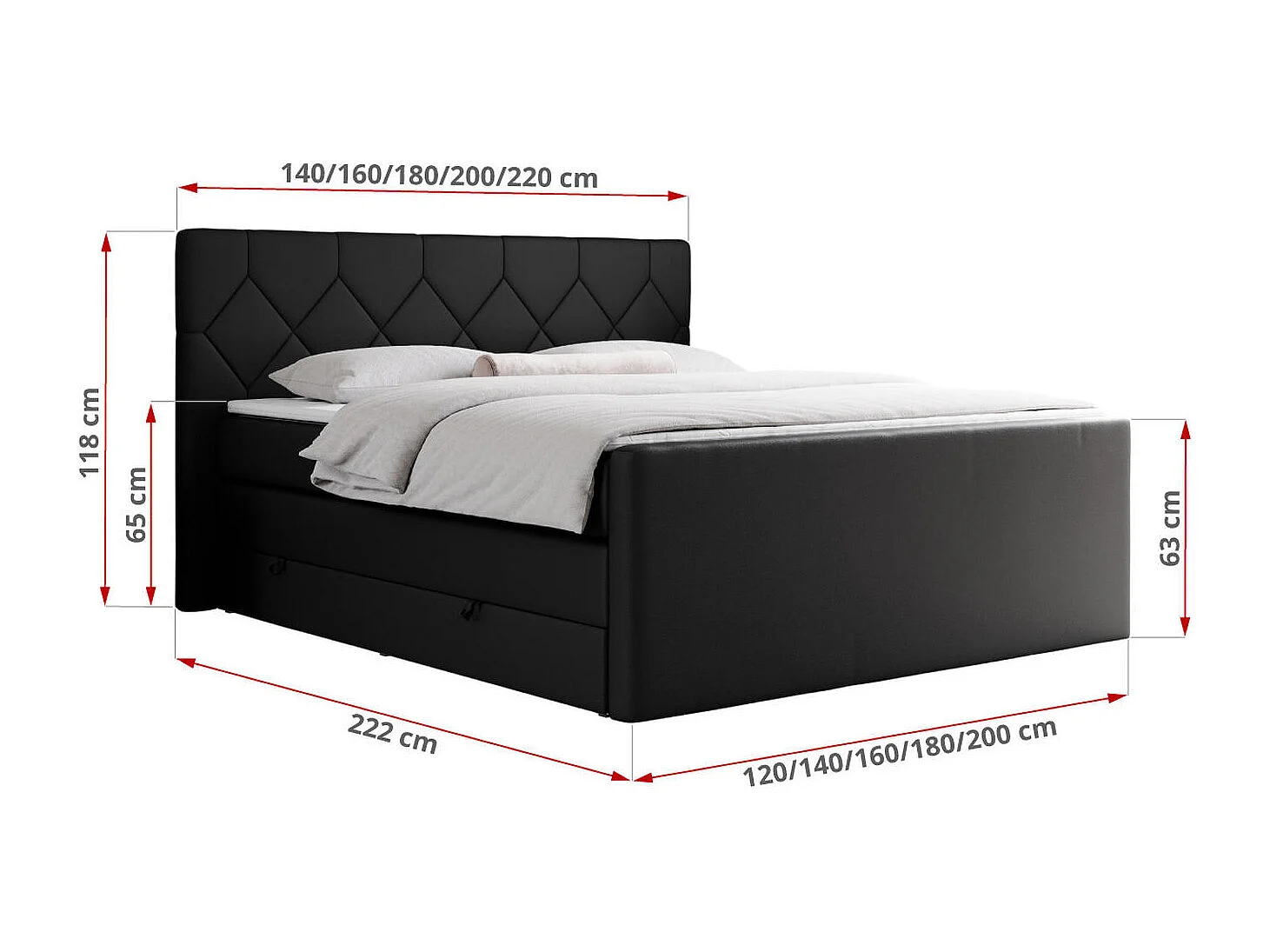 Boxspringbett EIGAR KING - Doppelbett mit genähtem Kopfteil, zwei Multipocket-Matratzen, Polsterbett für Schlafzimmer - 180x200 cm - H3 - Schwarz Kunstleder