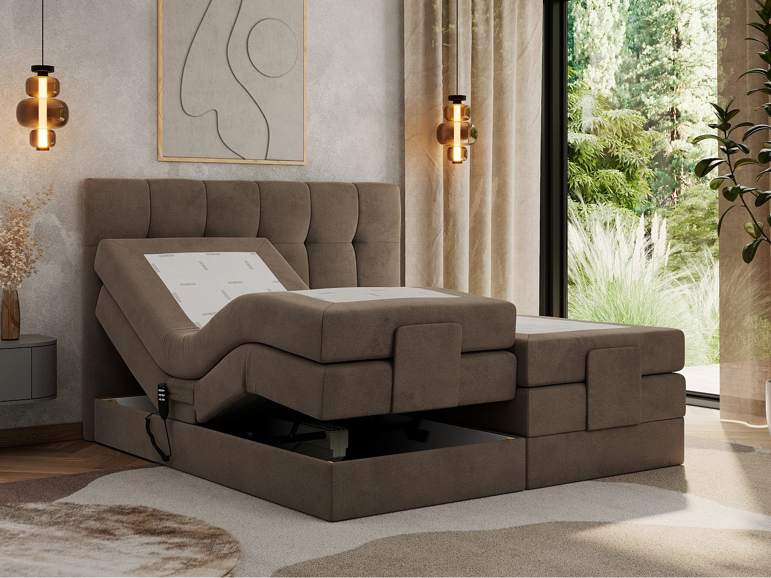 Boxspringbett VITTORIA - mit gestepptem Kopfteil, elektrischem Untergestell, Multipocket-Matratze - 200x200 cm - H4 - Braun Velvet