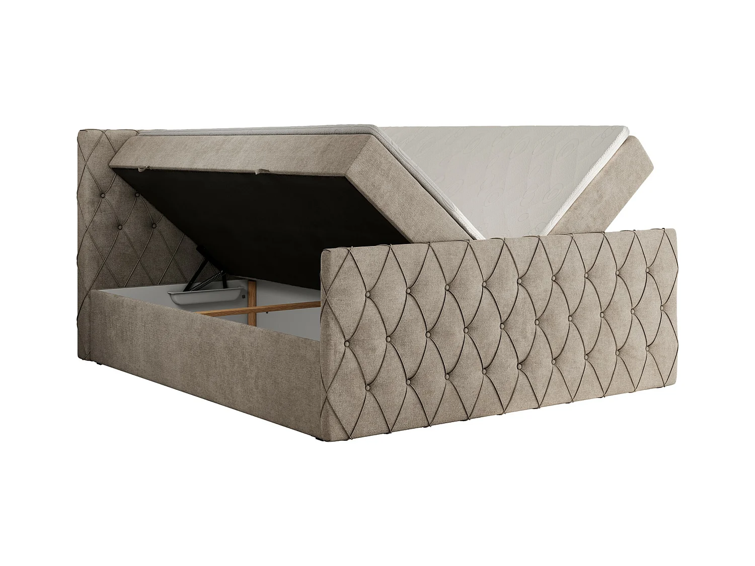 Boxspringbett MIREN DUO - mit gestepptem Kopfteil und Front, Multipocket-Matratze, zwei Bettkästen - 120x200 cm - H3 - Beige Strukture