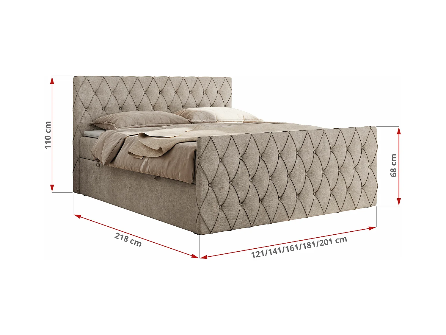 Boxspringbett MIREN DUO - mit gestepptem Kopfteil und Front, Multipocket-Matratze, zwei Bettkästen - 120x200 cm - H3 - Beige Strukture