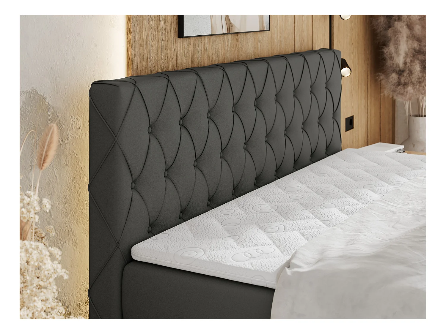 Boxspringbett MIREN KING DUO - für Schlafzimmer mit zwei Multipocket-Matratzen und Topper, gestepptes Kopfteil und Front  - 200x200 cm - H4 - Grau Kunstleder