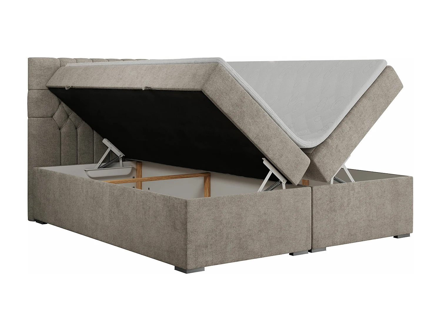 Boxspringbett PERA - gesteppte Kopfstütze, Multipocket-Matratze und Topper, Doppelbett mit Stauraum - 200x200 cm - H3 - Beige Strukture