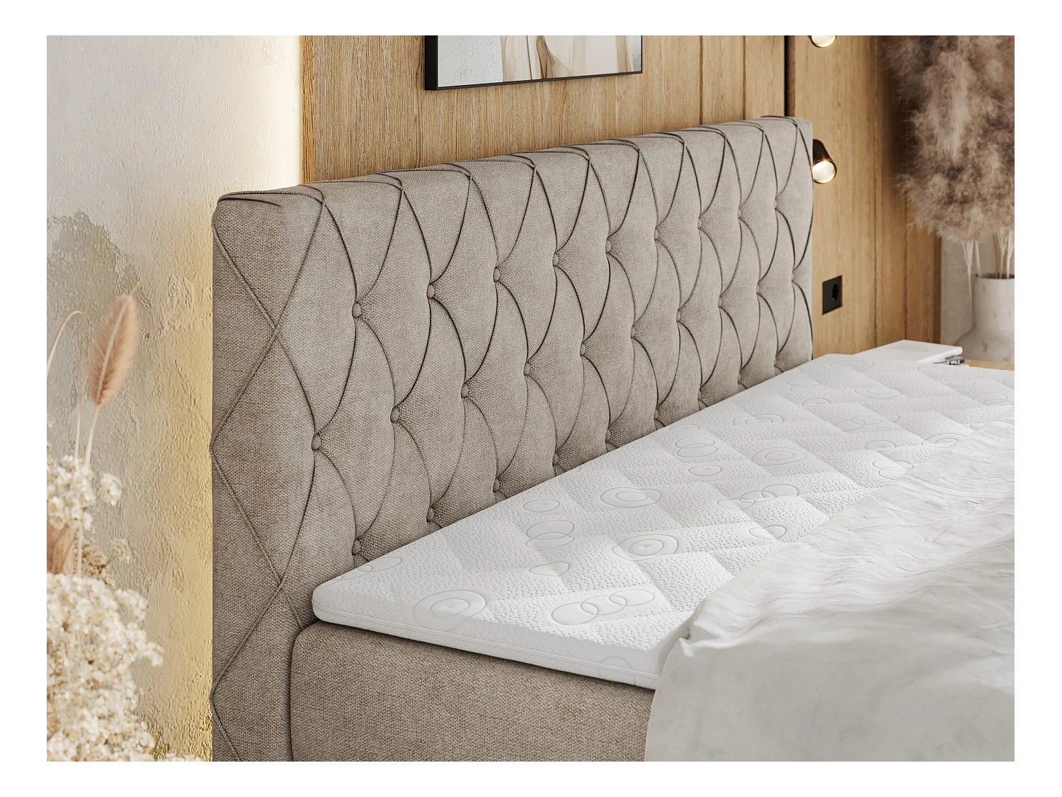 Boxspringbett MIREN KING DUO - für Schlafzimmer mit zwei Multipocket-Matratzen und Topper, gestepptes Kopfteil und Front  - 140x200 cm - H3 - Beige Strukture