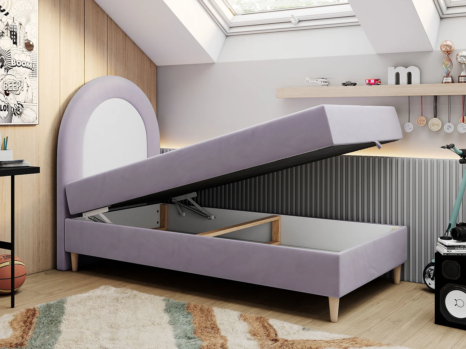 Kinderbett NEST - Boxspringbett für Kinder, mit hohem Kopfteil, Einzelbett mit Stauraum und Matratze - 90x180 cm - Violett Velvet