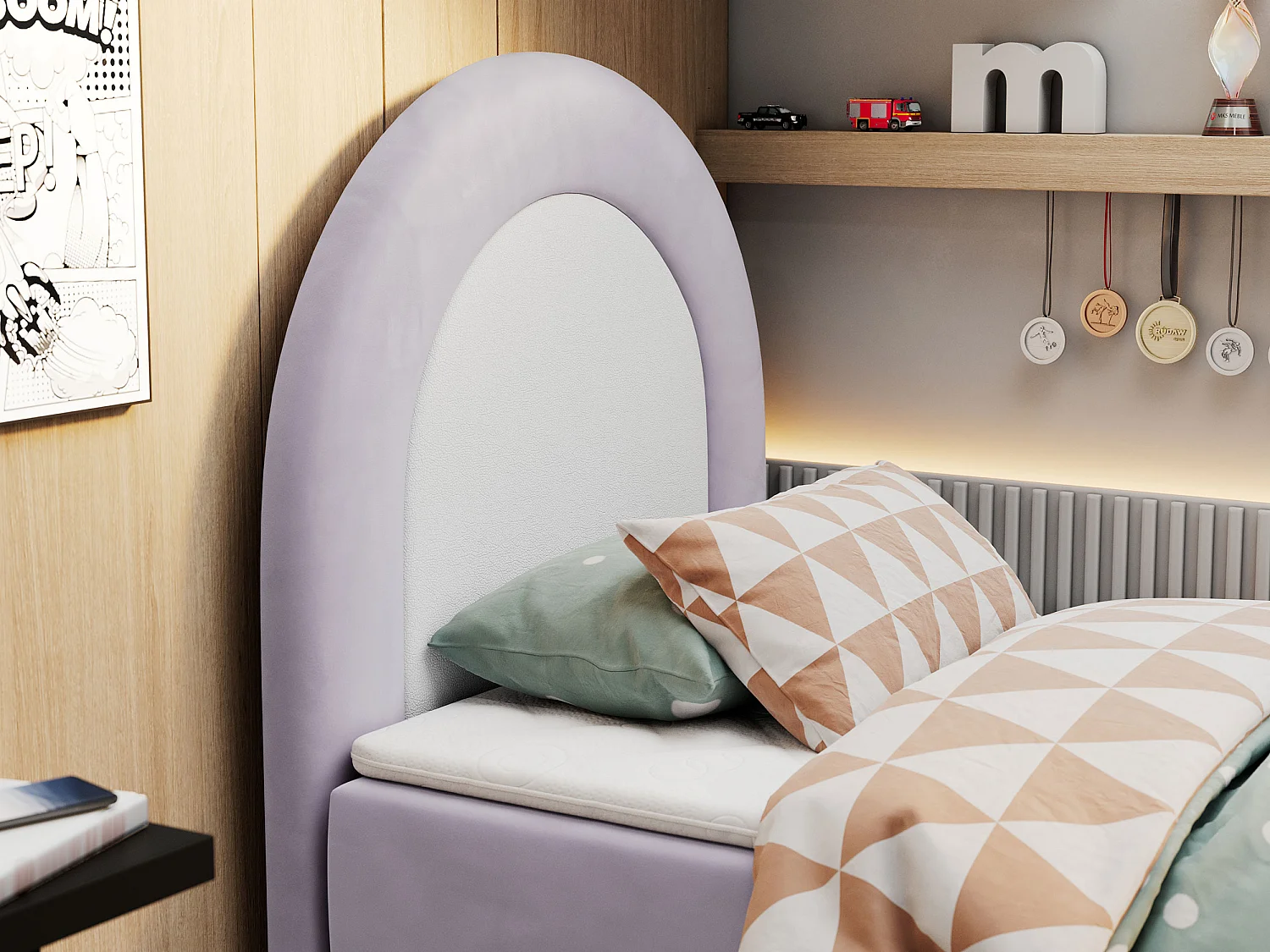 Kinderbett NEST - Boxspringbett für Kinder, mit hohem Kopfteil, Einzelbett mit Stauraum und Matratze - 90x180 cm - Violett Velvet