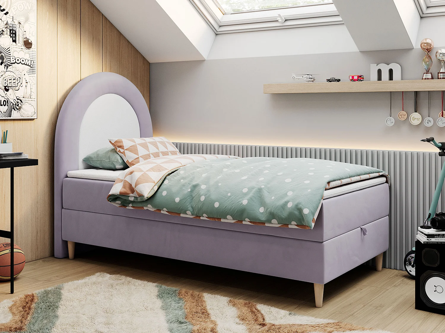 Kinderbett NEST - Boxspringbett für Kinder, mit hohem Kopfteil, Einzelbett mit Stauraum und Matratze - 90x180 cm - Violett Velvet