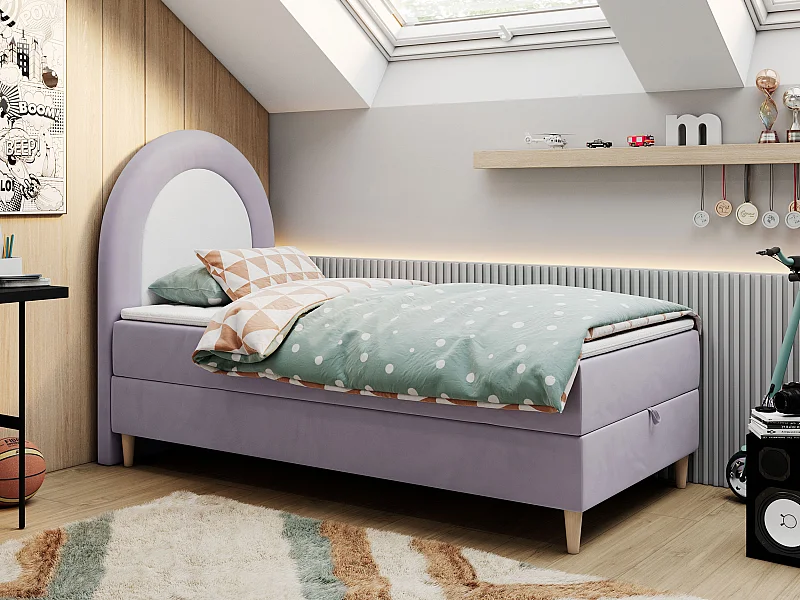 Kinderbett NEST - Boxspringbett für Kinder, mit hohem Kopfteil, Einzelbett mit Stauraum und Matratze - 90x180 cm - Violett Velvet