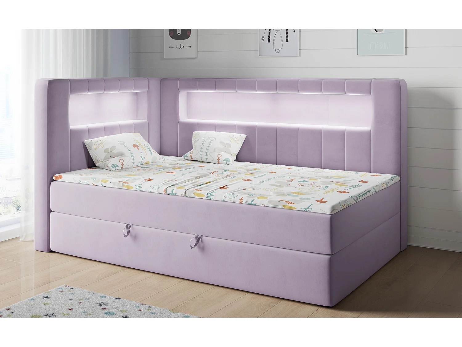 Kinderbett JUNIOR GOLD 3 - Einzelbett mit Matratze, LED-Beleuchtung, Bettkasten - 90x200 cm - Links Seite