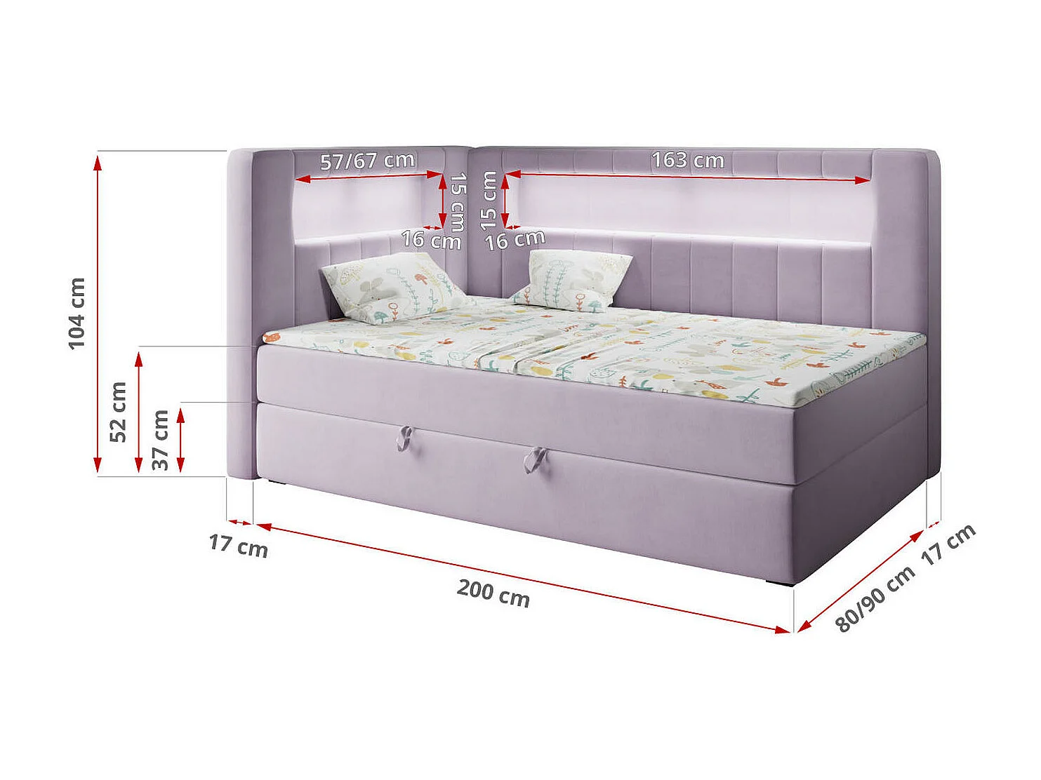 Kinderbett JUNIOR GOLD 3 - Einzelbett mit Matratze, LED-Beleuchtung, Bettkasten - 90x200 cm - Links Seite